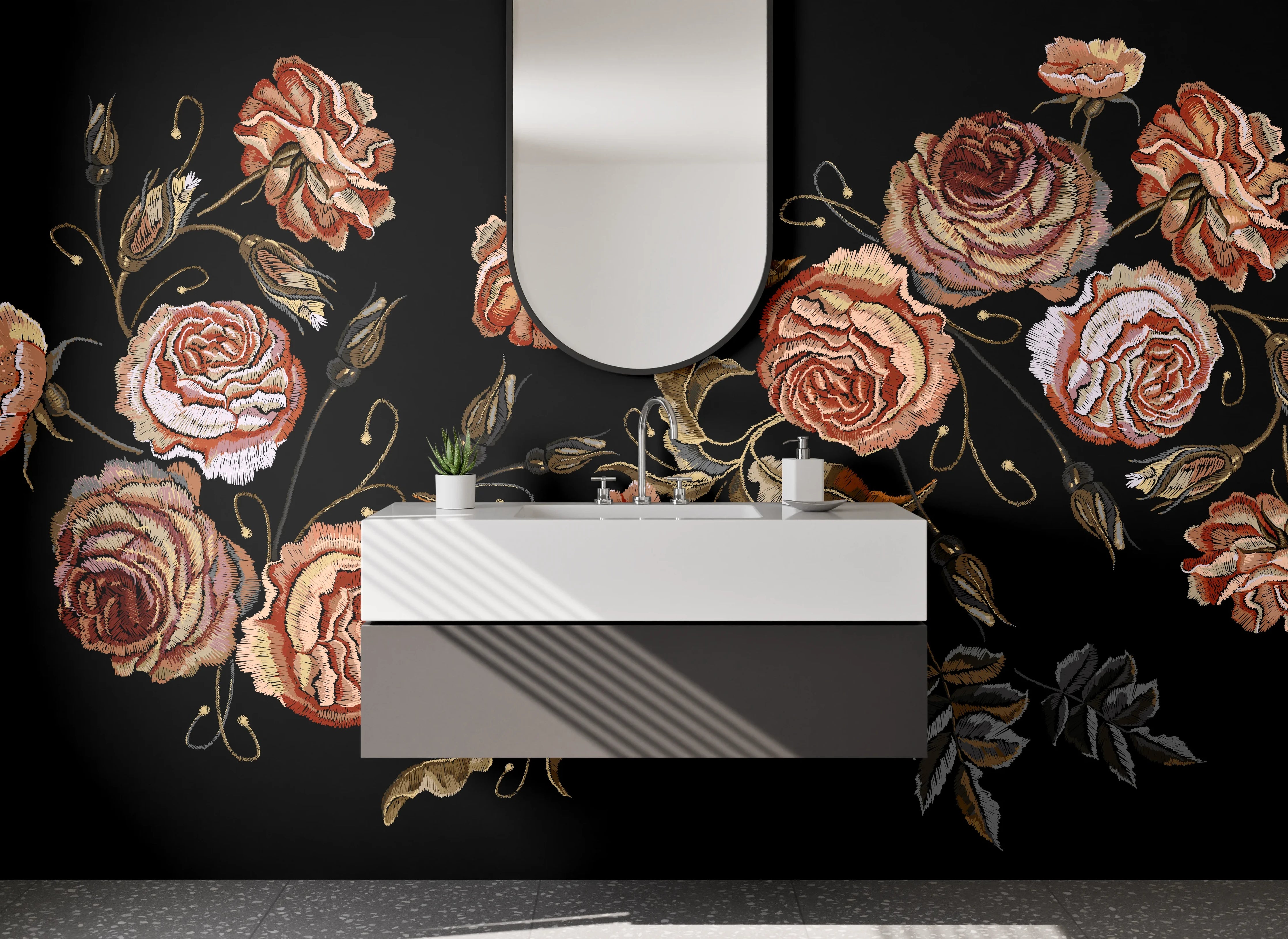 Waschbecken-Rückwand - Vintage Rosen Stickerei auf Schwarz