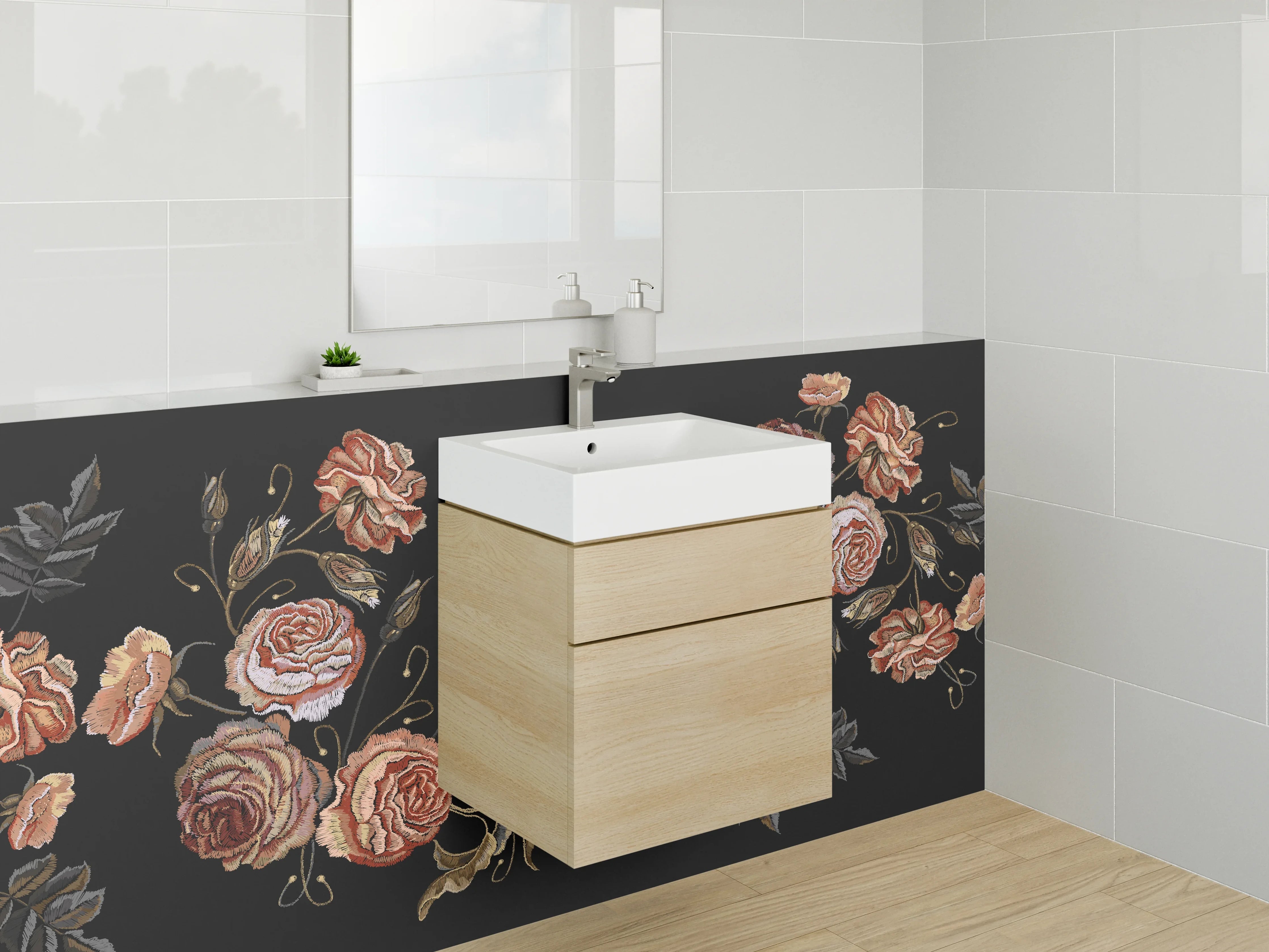 Waschbecken-Rückwand - Vintage Rosen Stickerei auf Schwarz