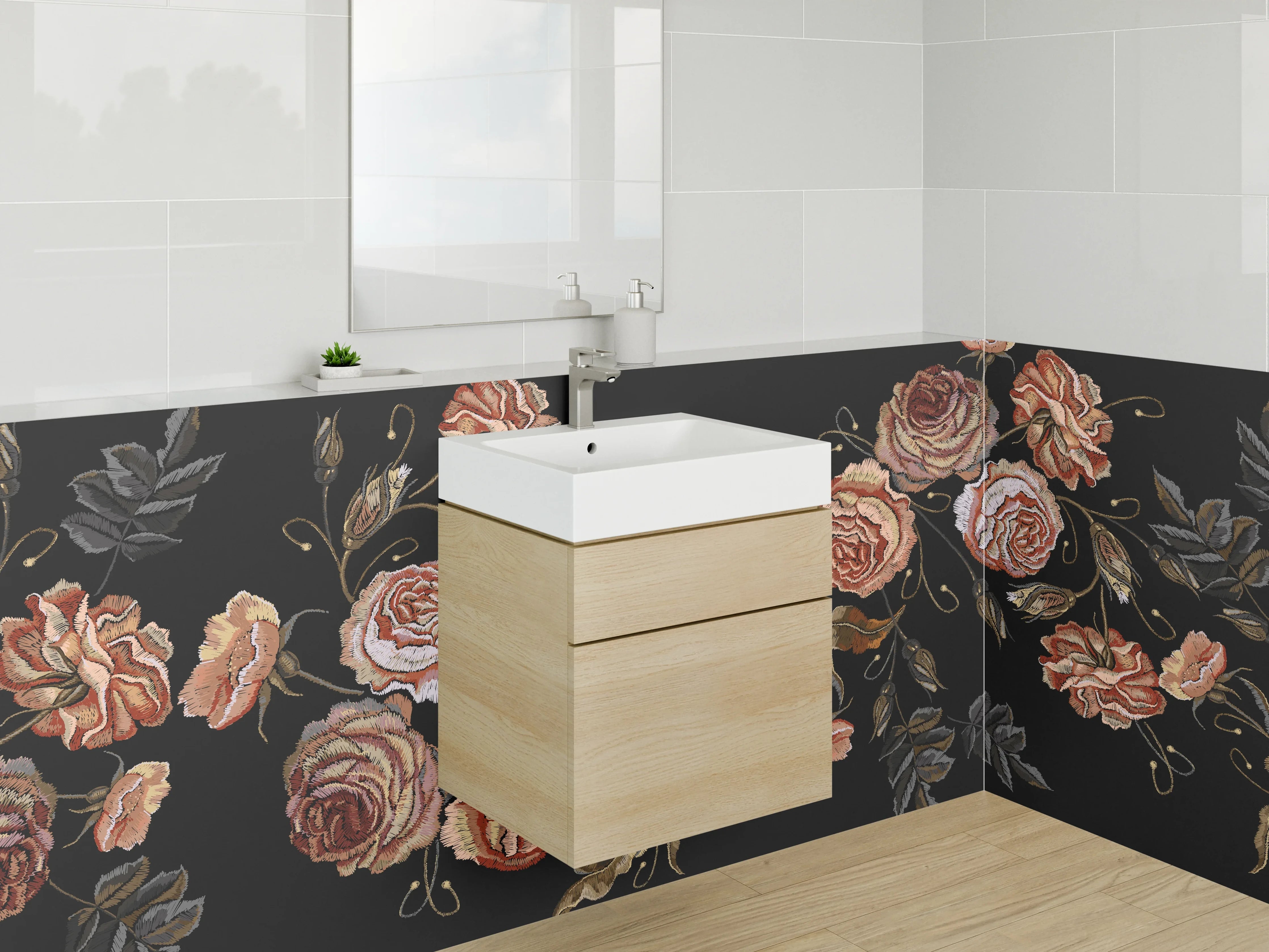 Waschbecken-Rückwand - Vintage Rosen Stickerei auf Schwarz