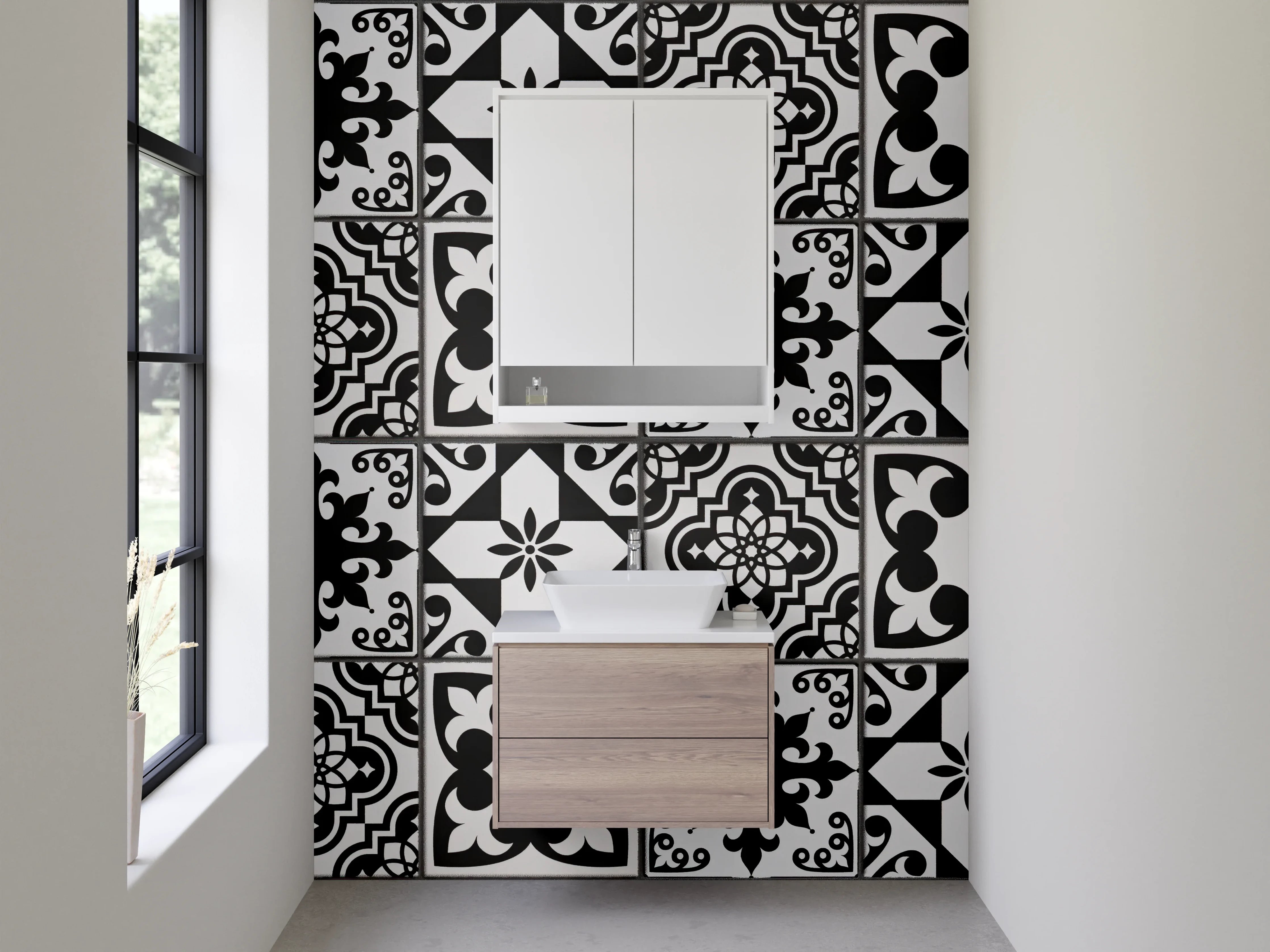 Waschbecken-Rückwand - Vintage Schwarz-Weiß Mosaik Fliesenmuster