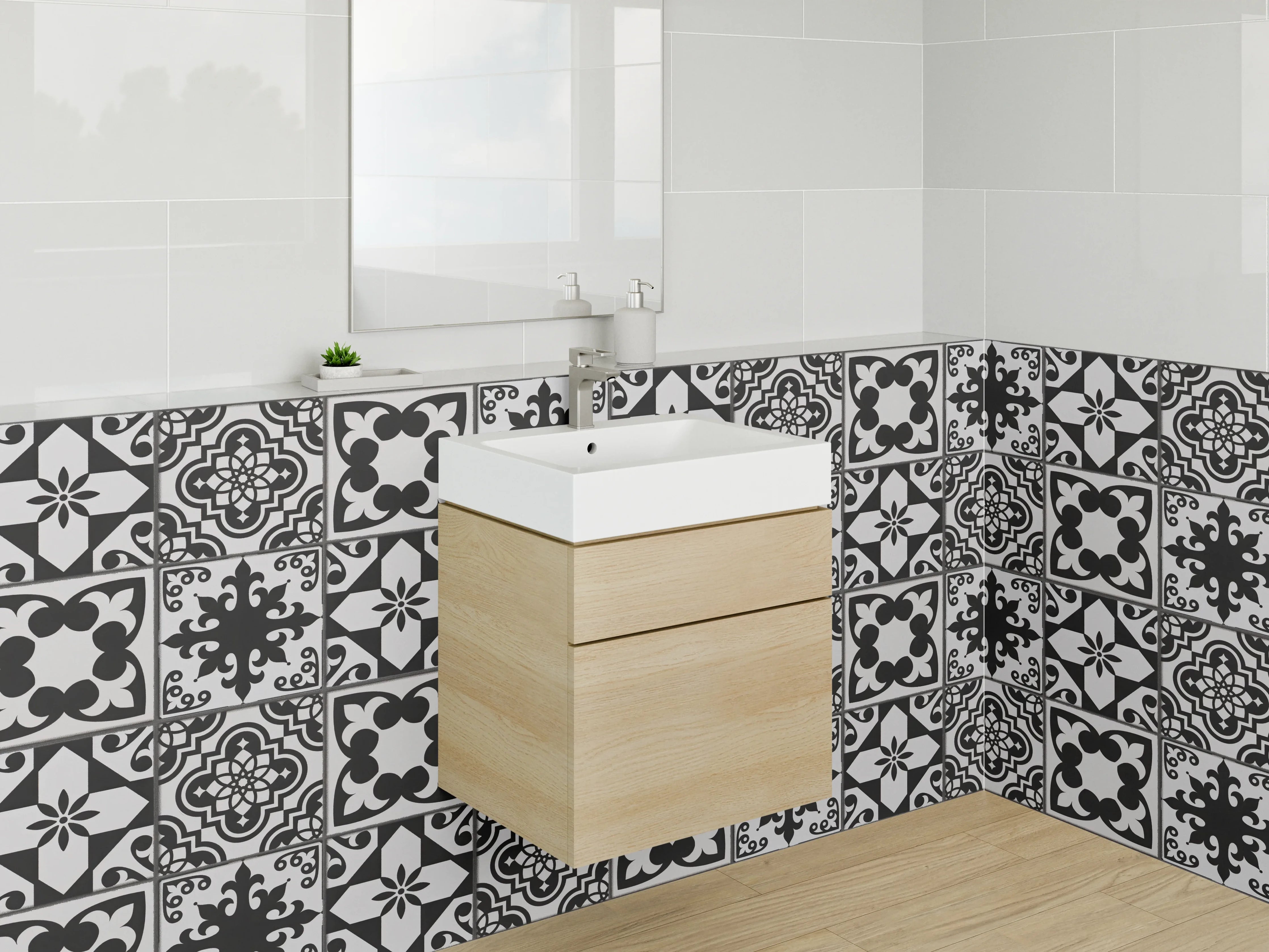 Waschbecken-Rückwand - Vintage Schwarz-Weiß Mosaik Fliesenmuster