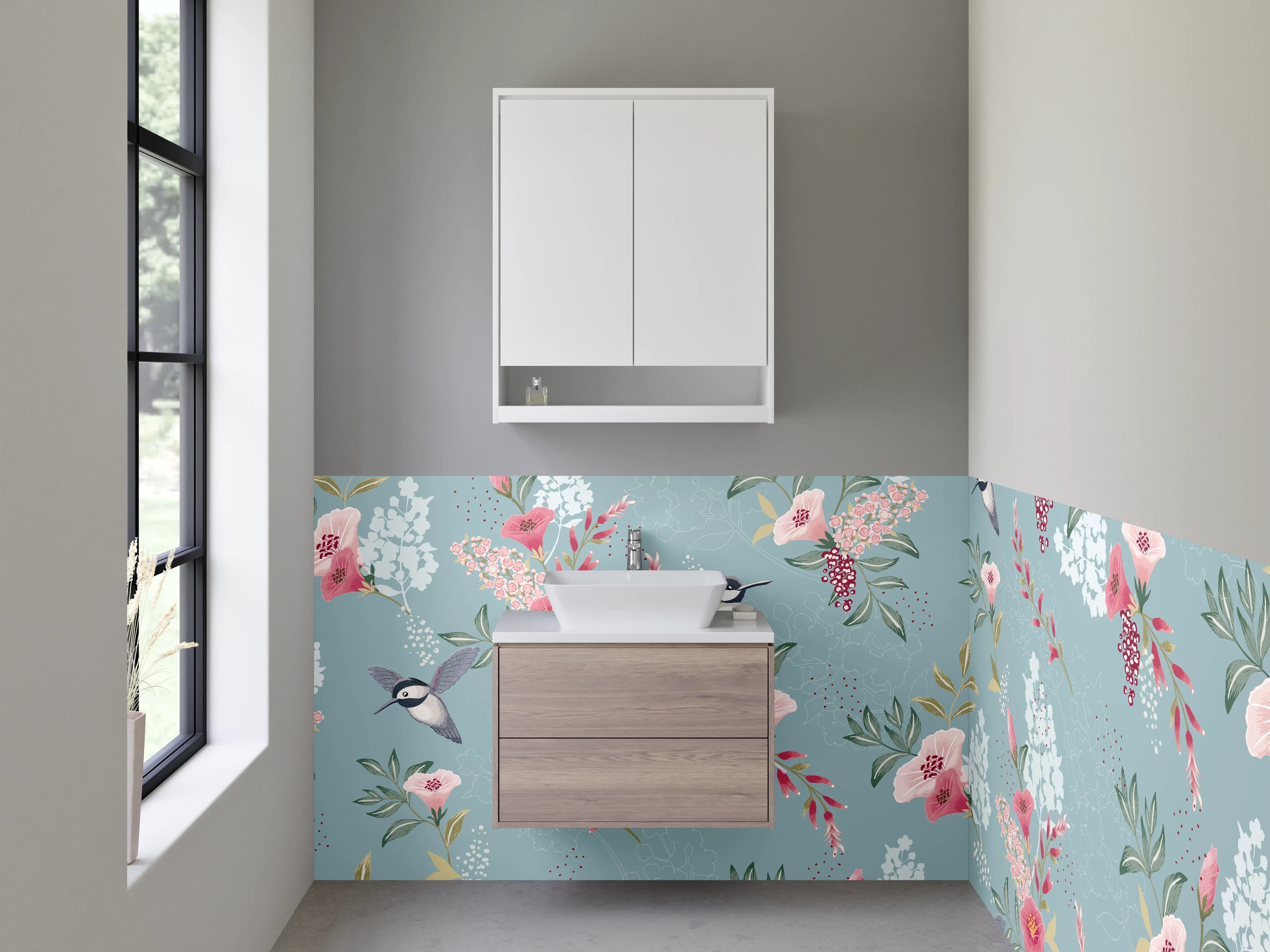 Waschbecken-Rückwand - Vögel und Blüten Aquarellmuster Blau