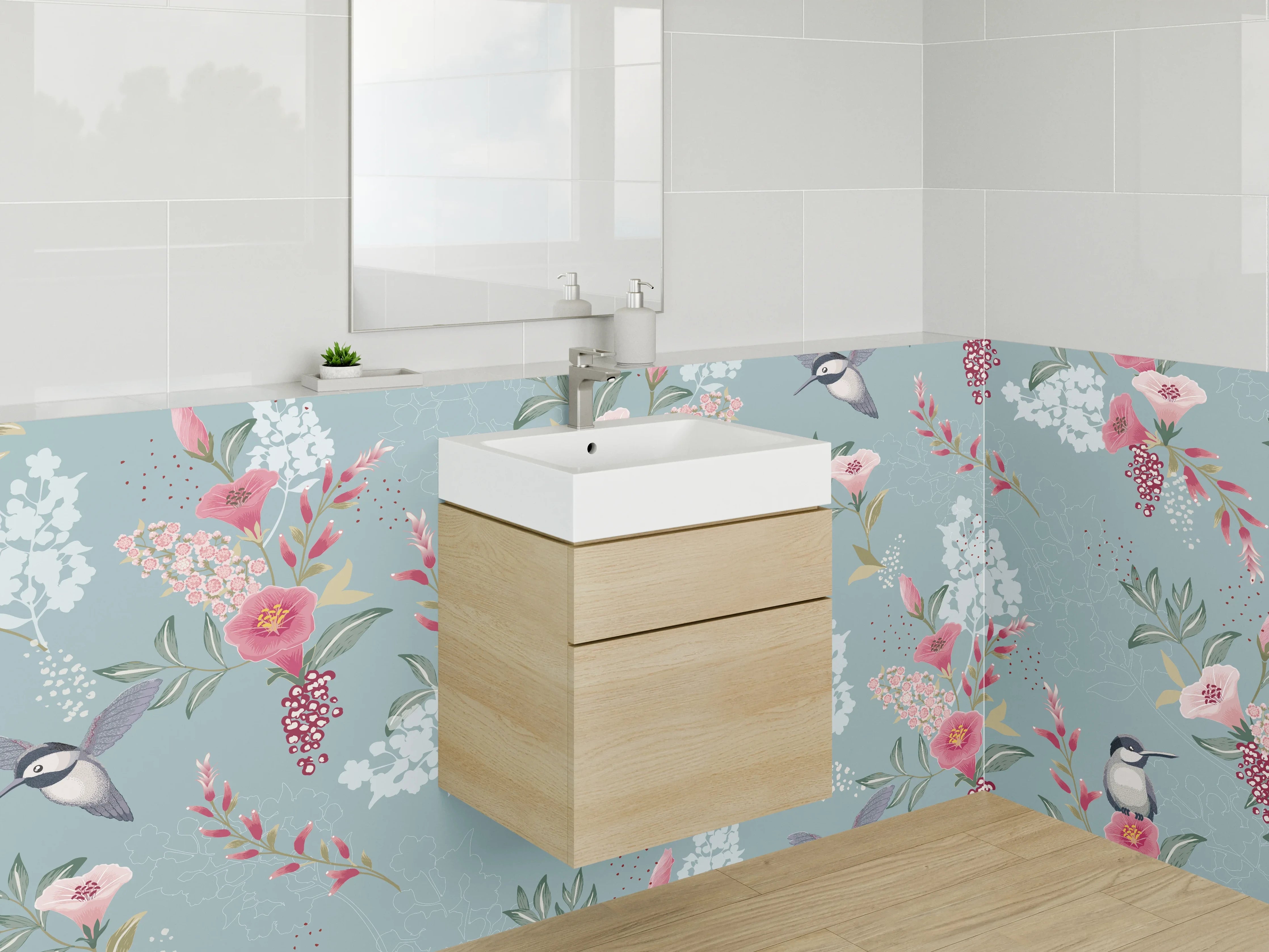 Waschbecken-Rückwand - Vögel und Blüten Aquarellmuster Blau