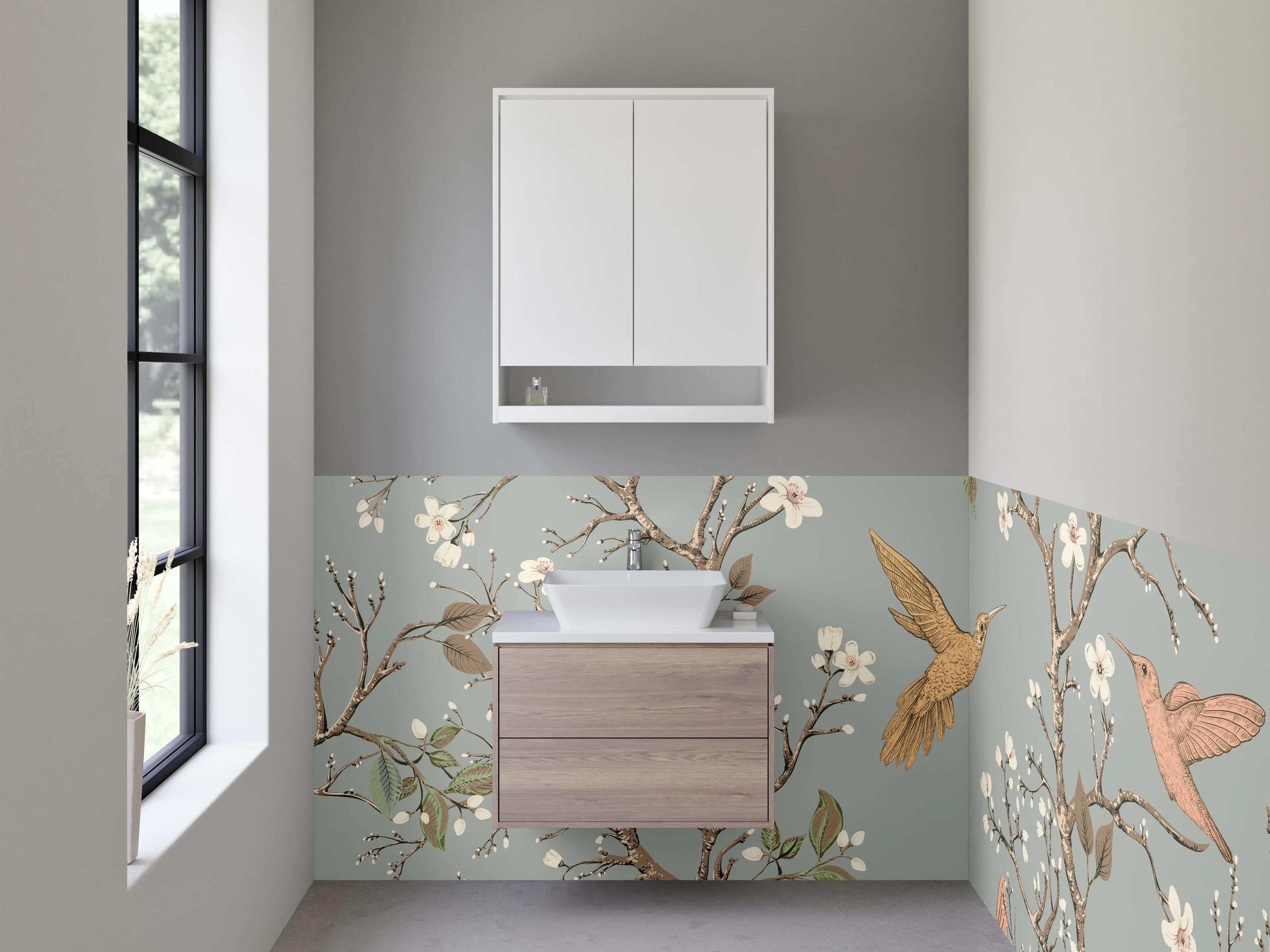Waschbecken-Rückwand - Vögel und Blüten auf Zweigen Illustration