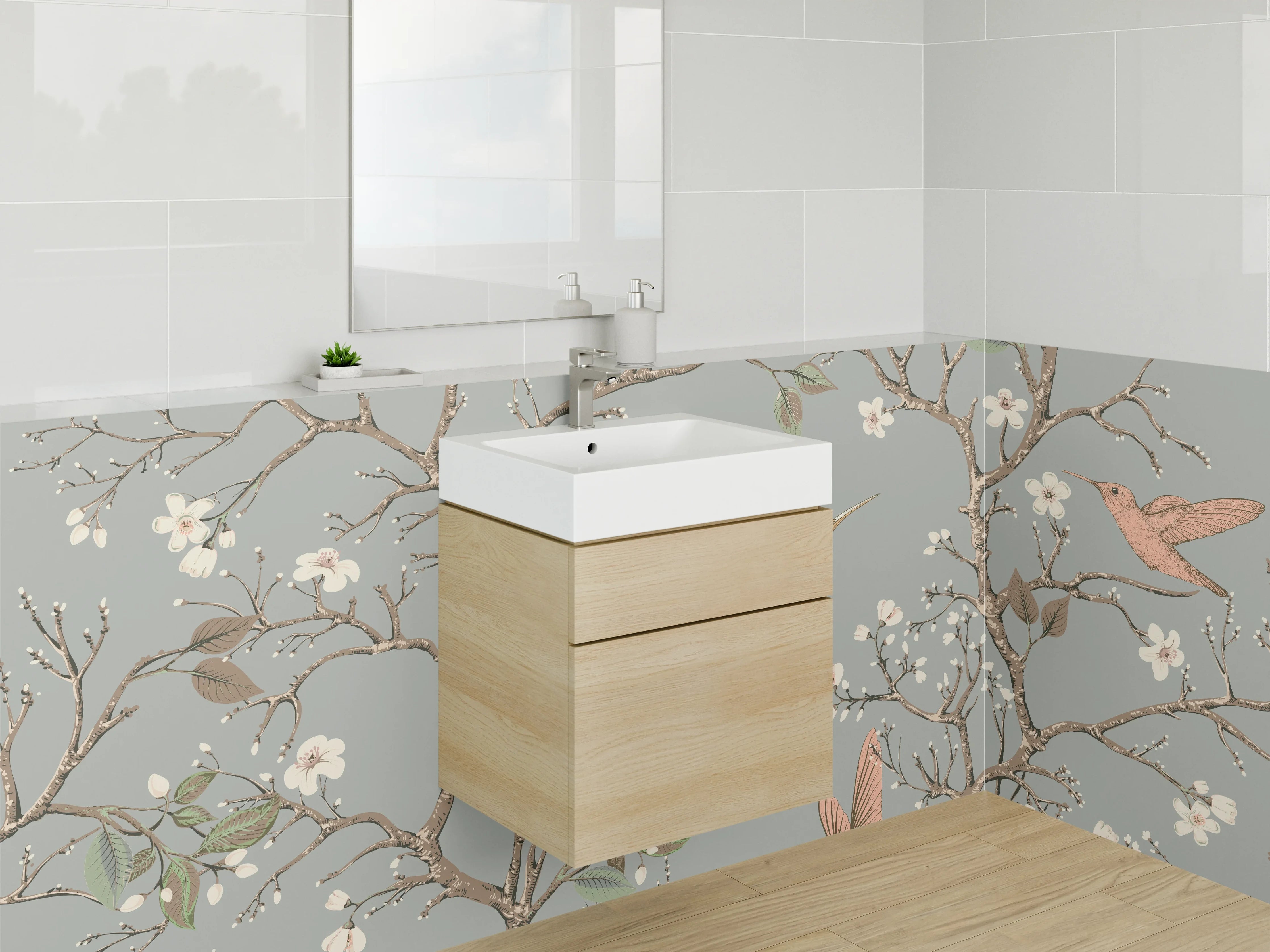 Waschbecken-Rückwand - Vögel und Blüten auf Zweigen Illustration