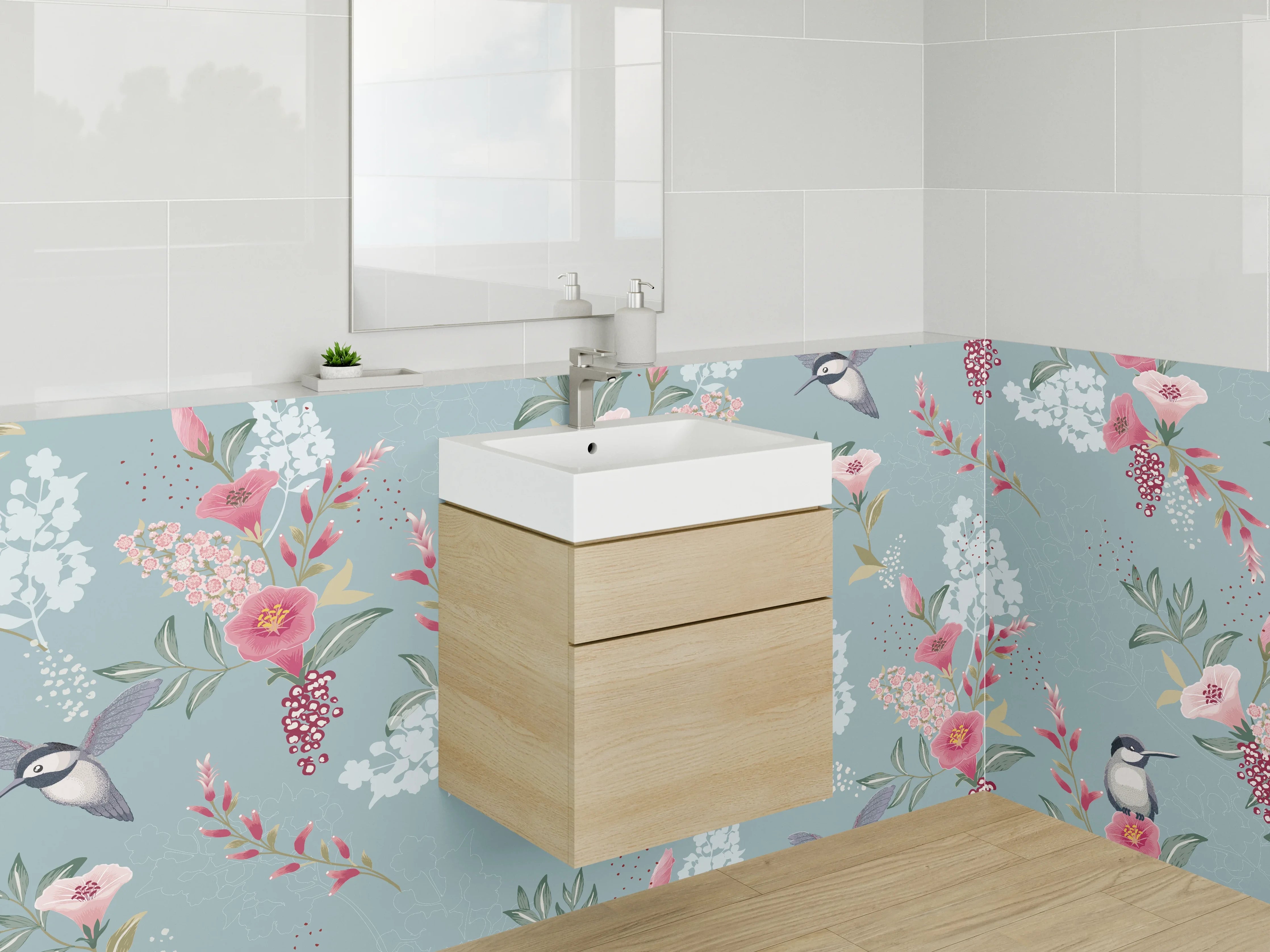 Waschbecken-Rückwand - Vögel und Blumen Aquarell Muster
