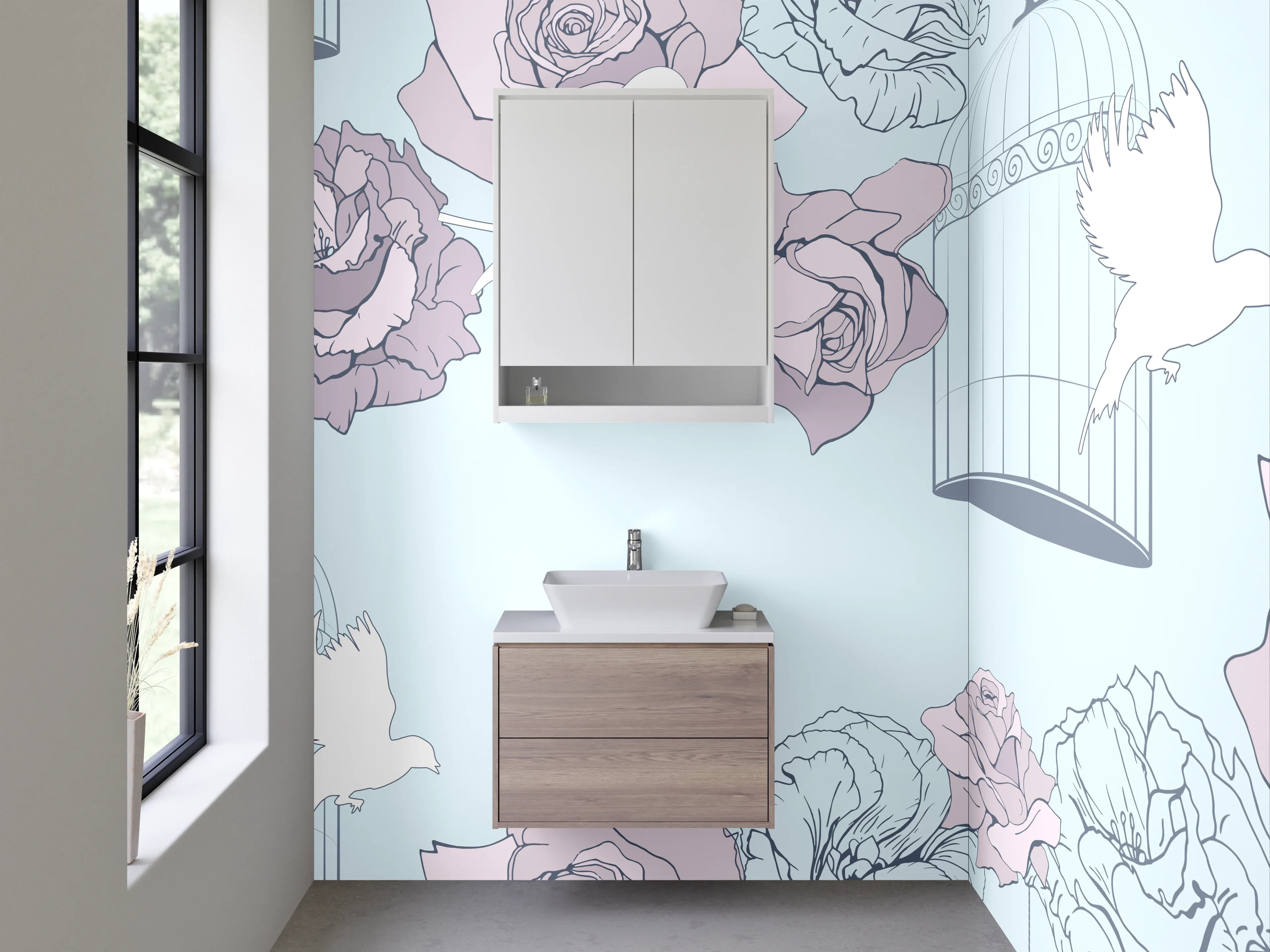 Waschbecken-Rückwand - Vogel und Rose Pastell Illustration
