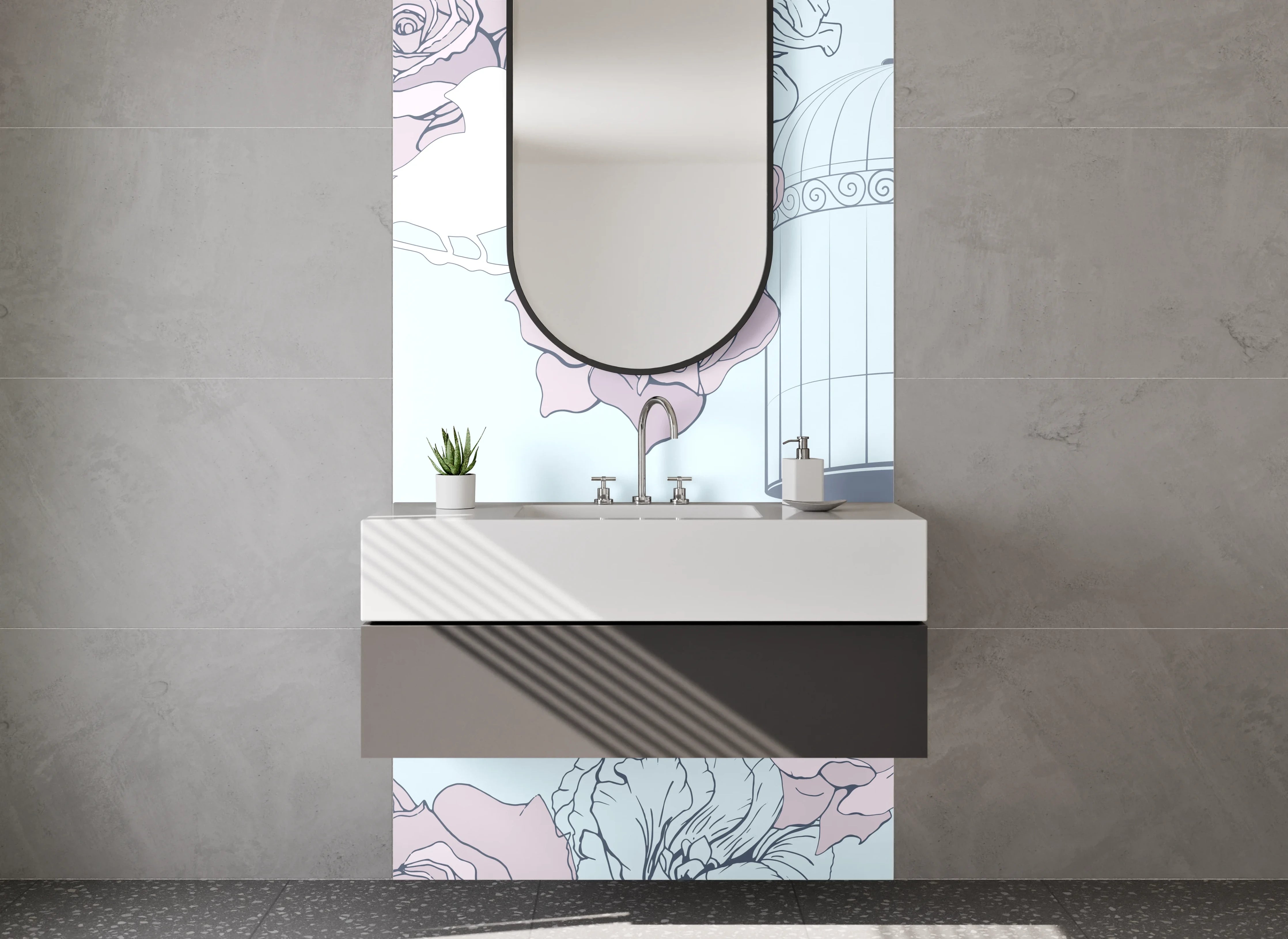 Waschbecken-Rückwand - Vogel und Rose Pastell Illustration