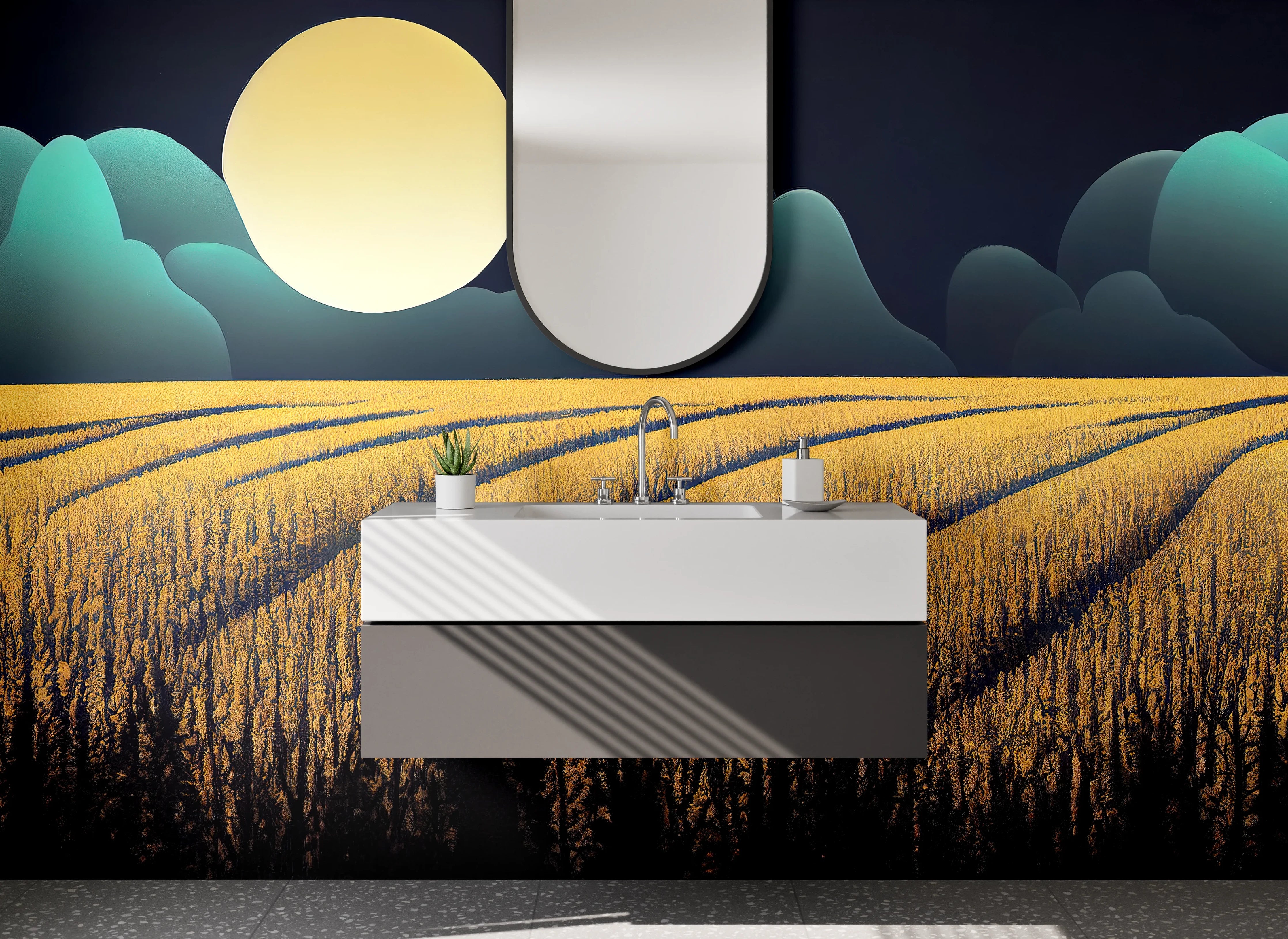 Waschbecken-Rückwand - Vollmond über goldene Felder Kunstmotiv