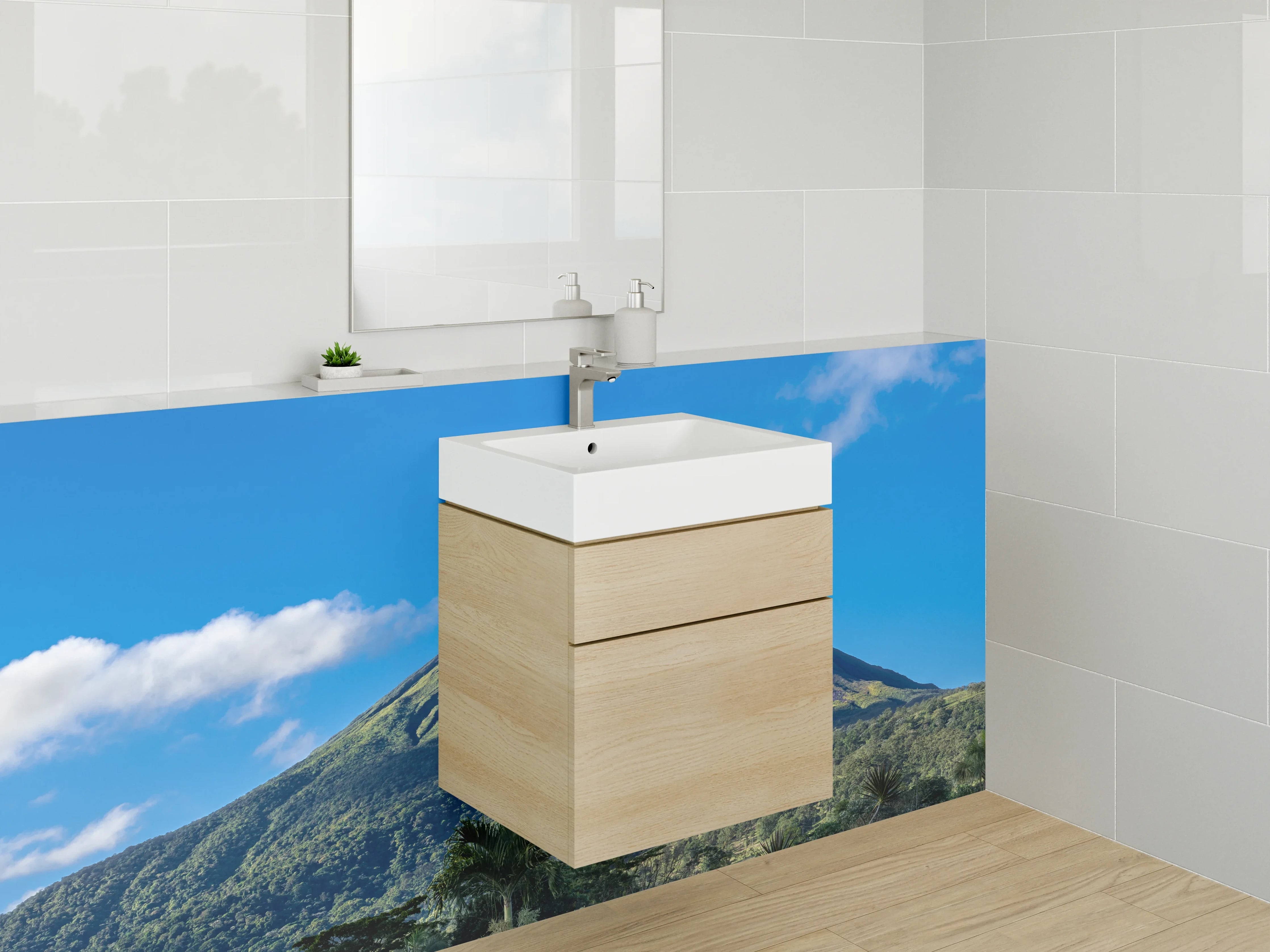 Waschbecken-Rückwand - Vulkan im Grünen bei Sonnenschein