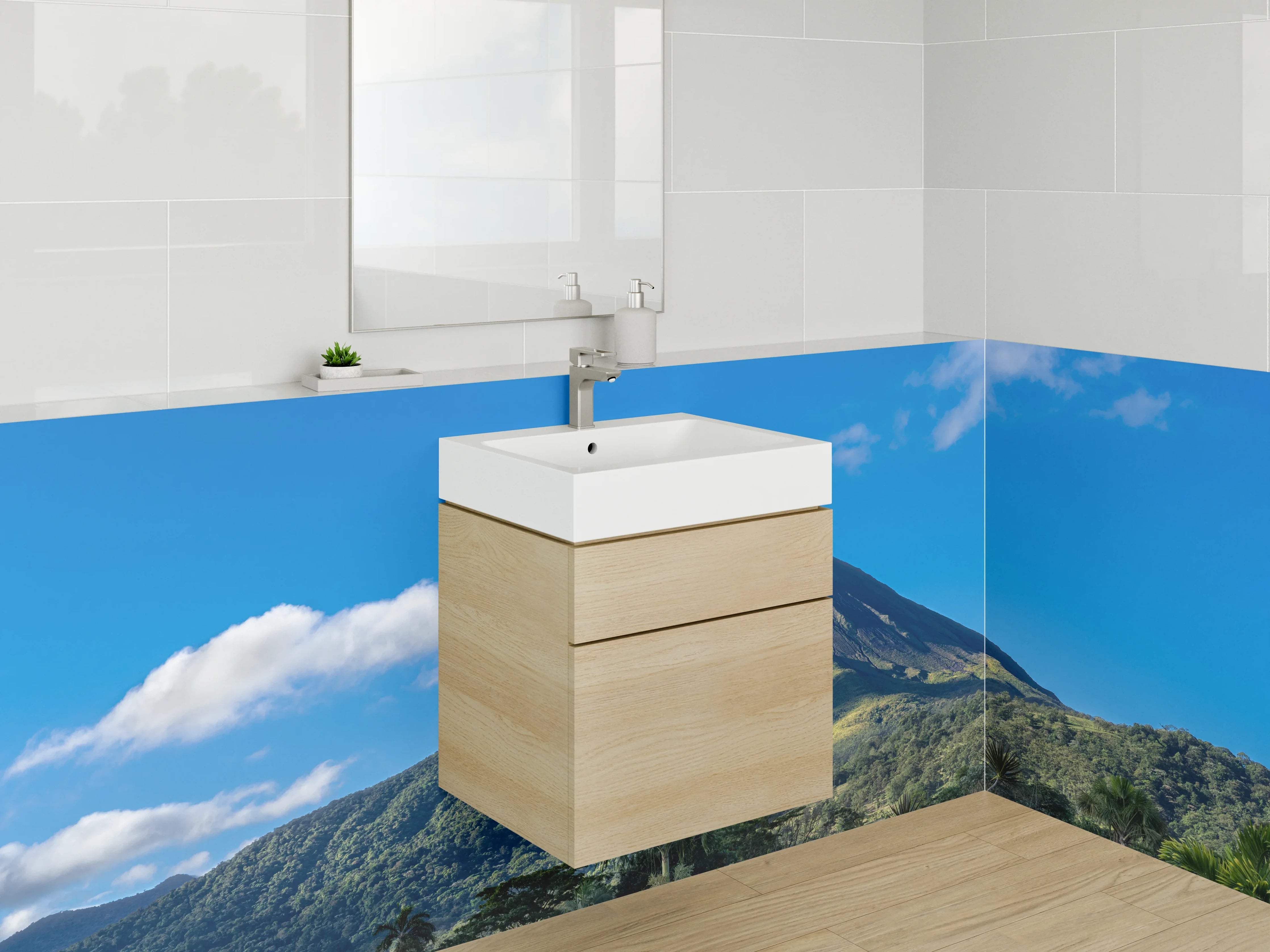 Waschbecken-Rückwand - Vulkan im Grünen bei Sonnenschein