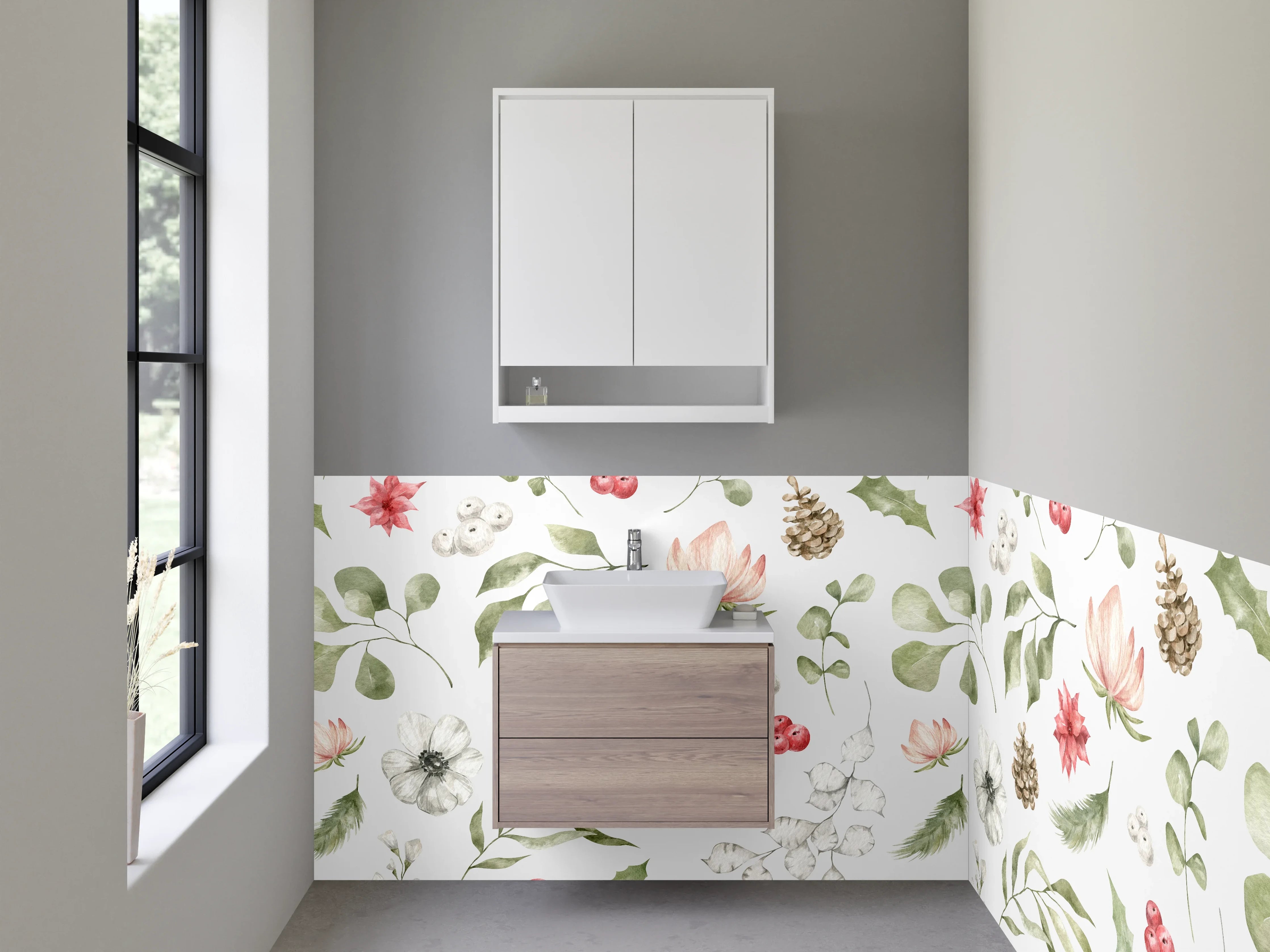 Waschbecken-Rückwand - Wald- und Blumenmuster mit Naturfarben