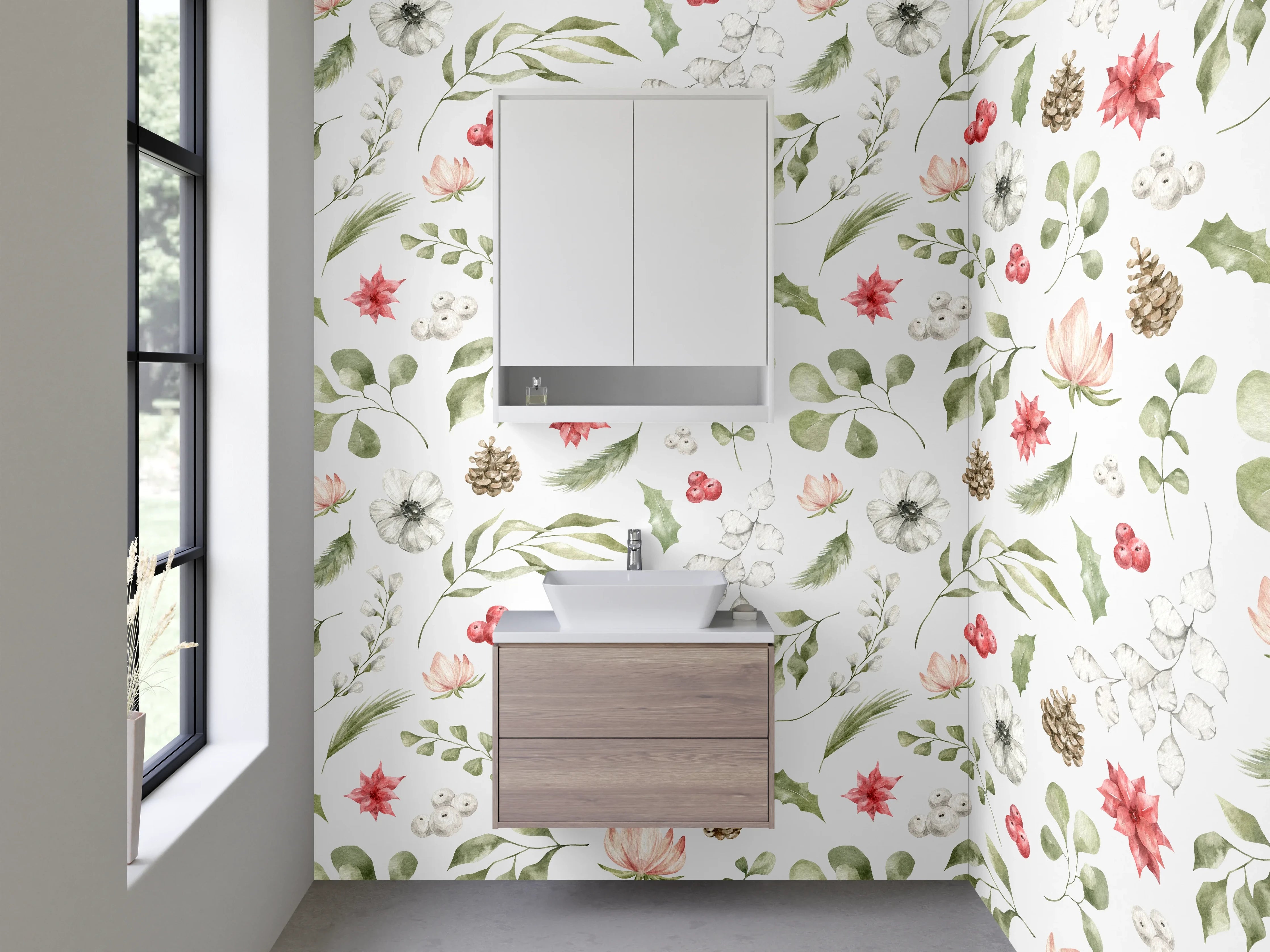 Waschbecken-Rückwand - Wald- und Blumenmuster mit Naturfarben