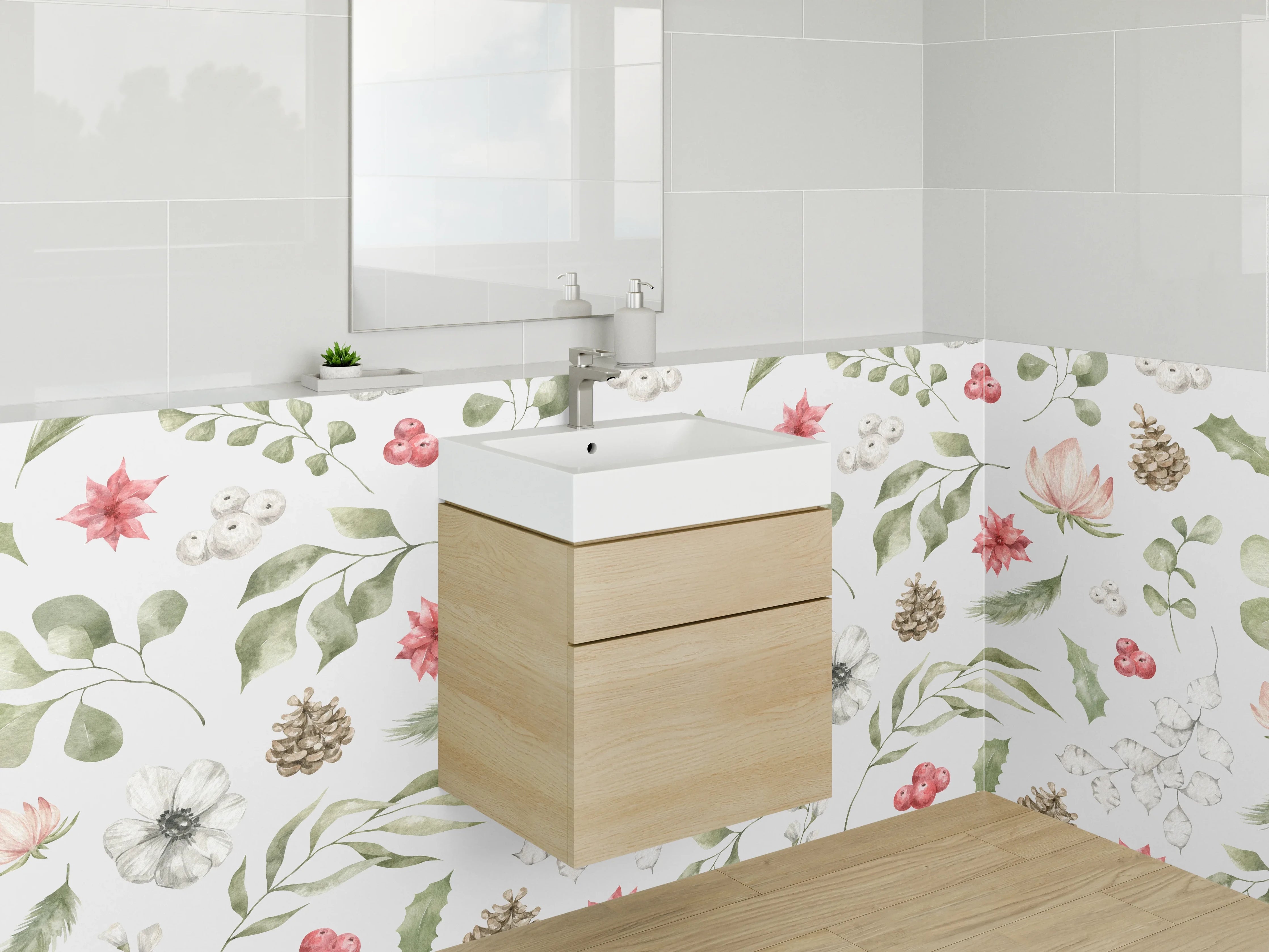 Waschbecken-Rückwand - Wald- und Blumenmuster mit Naturfarben