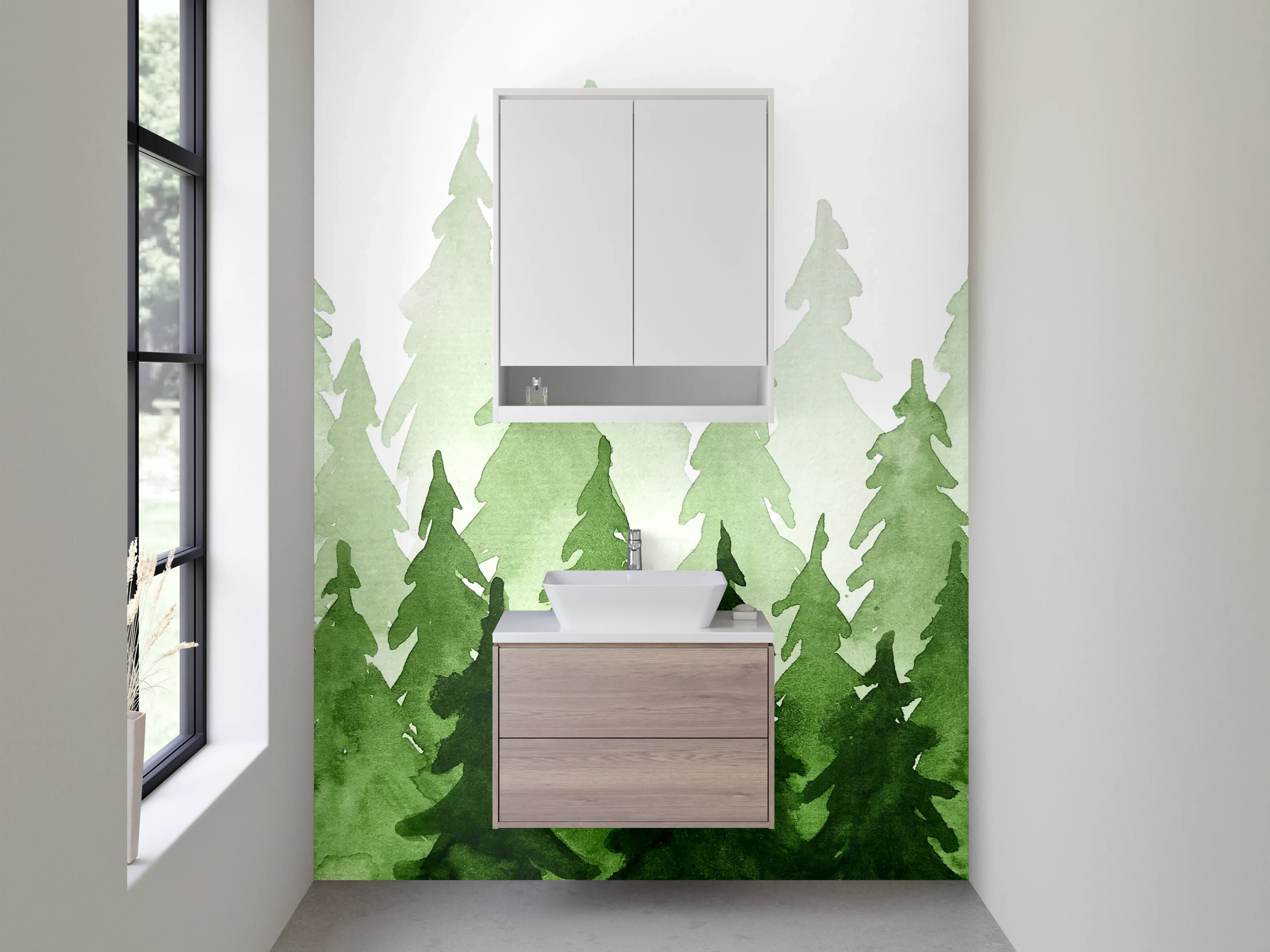Waschbecken-Rückwand - Wald Aquarell Silhouetten Grün
