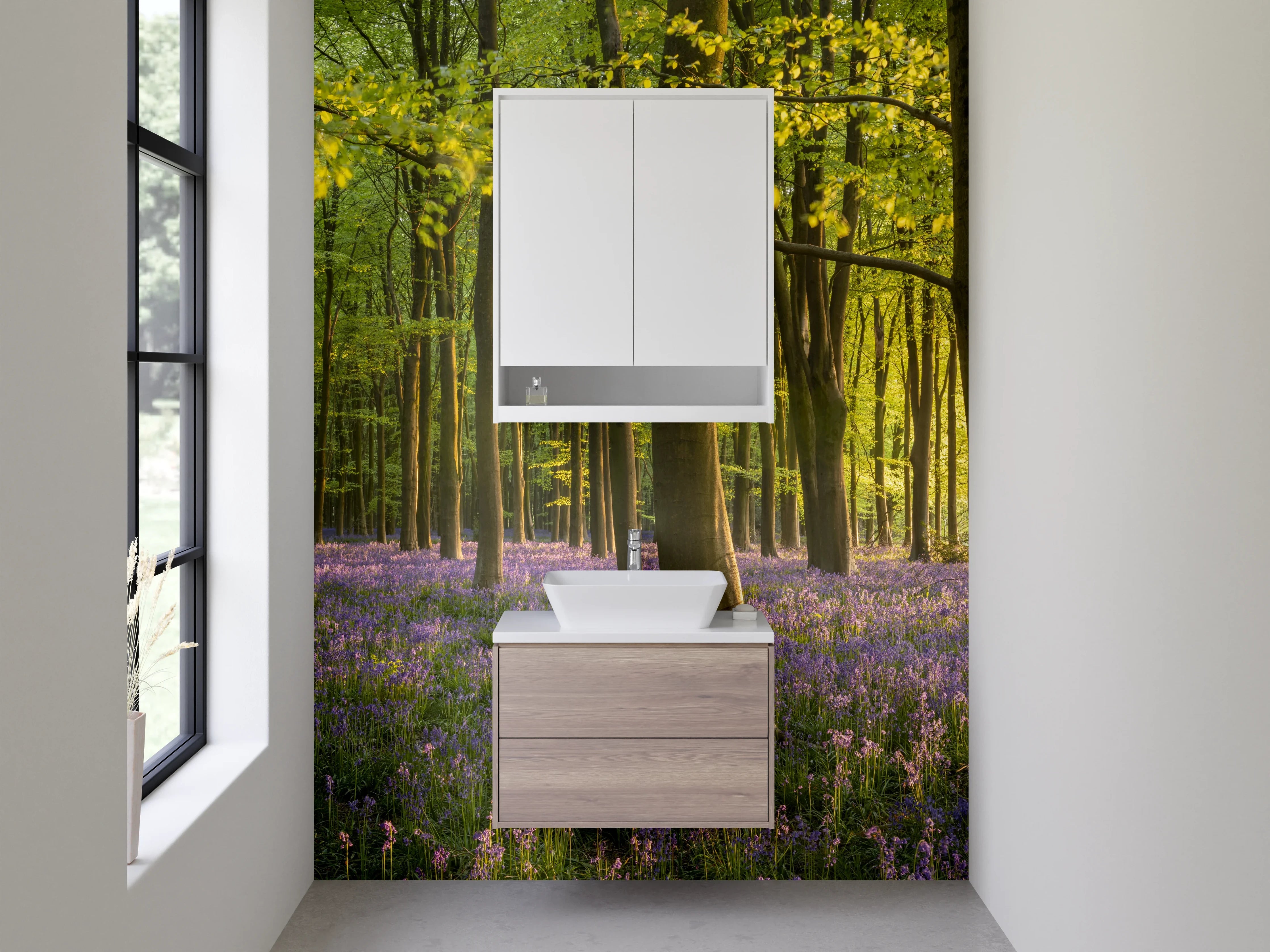 Waschbecken-Rückwand - Wald im Frühlingslicht mit blühendem Boden