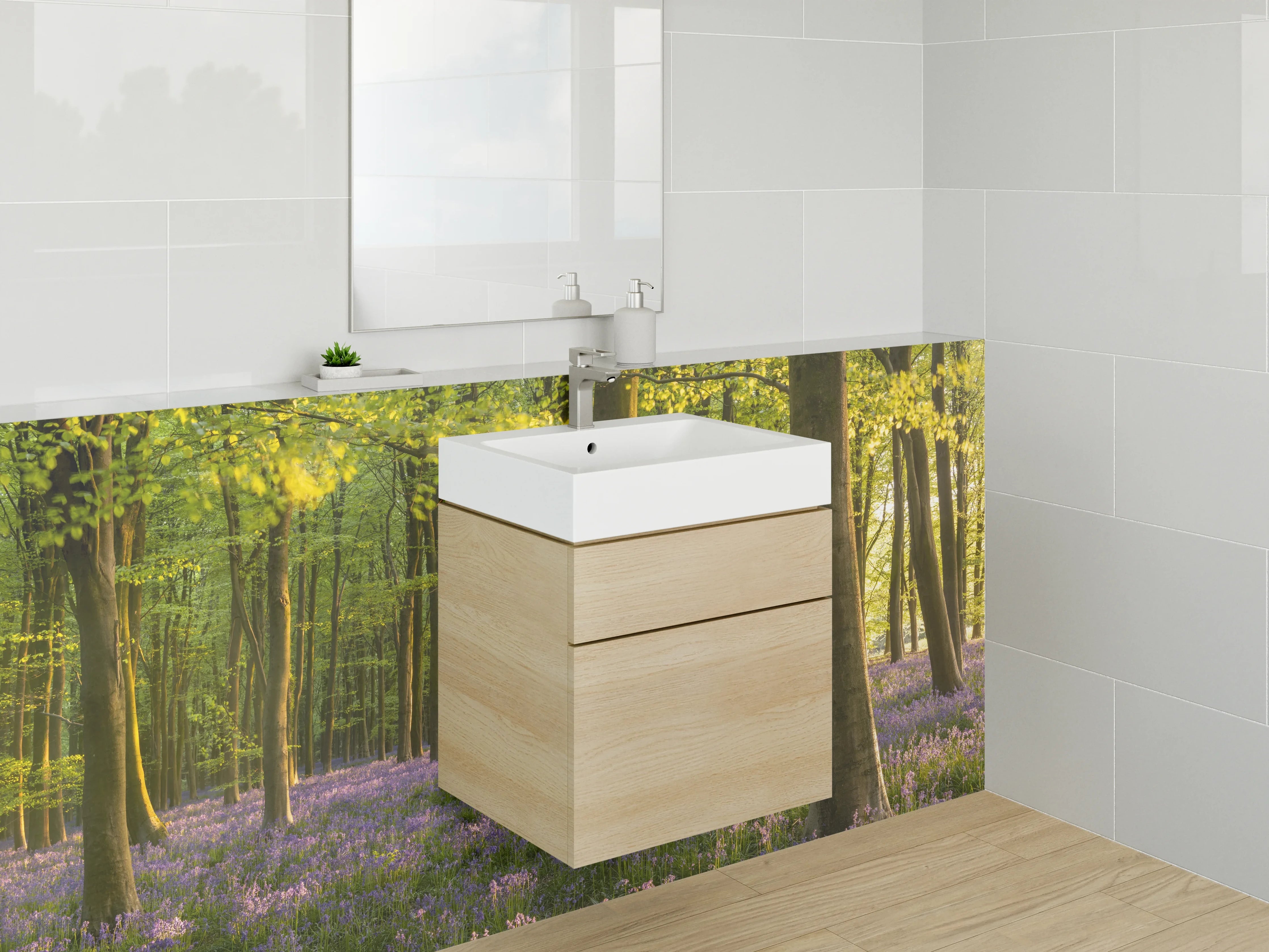 Waschbecken-Rückwand - Wald im Frühlingslicht mit blühendem Boden