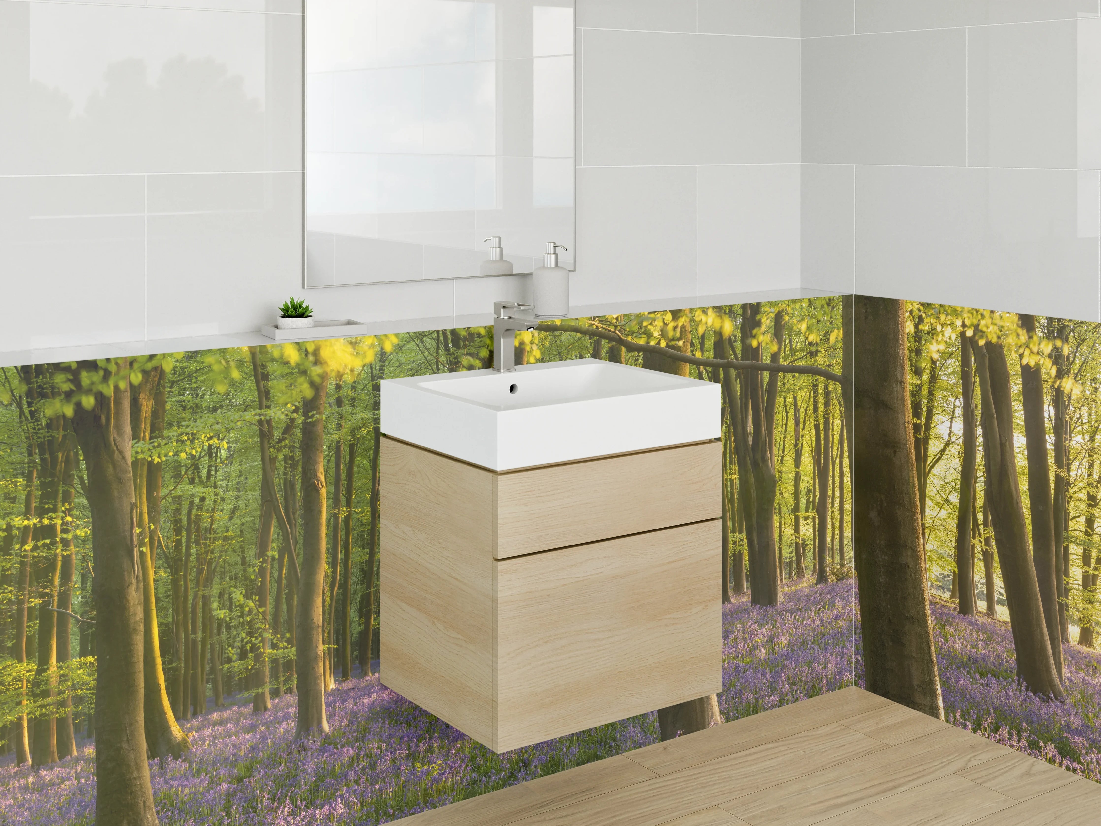 Waschbecken-Rückwand - Wald im Frühlingslicht mit blühendem Boden