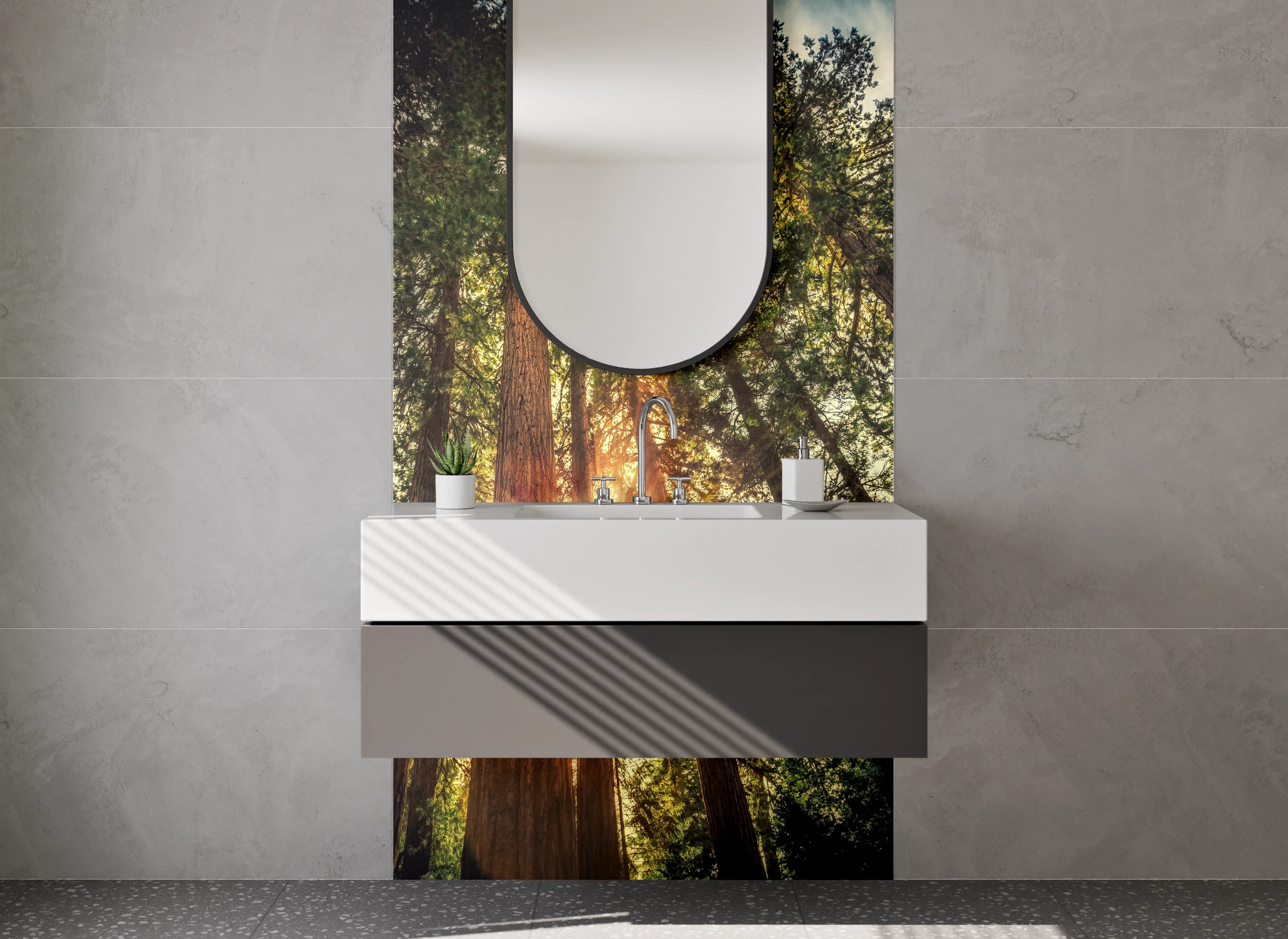 Waschbecken-Rückwand - Wald mit Sonnenstrahlen – Naturmotiv