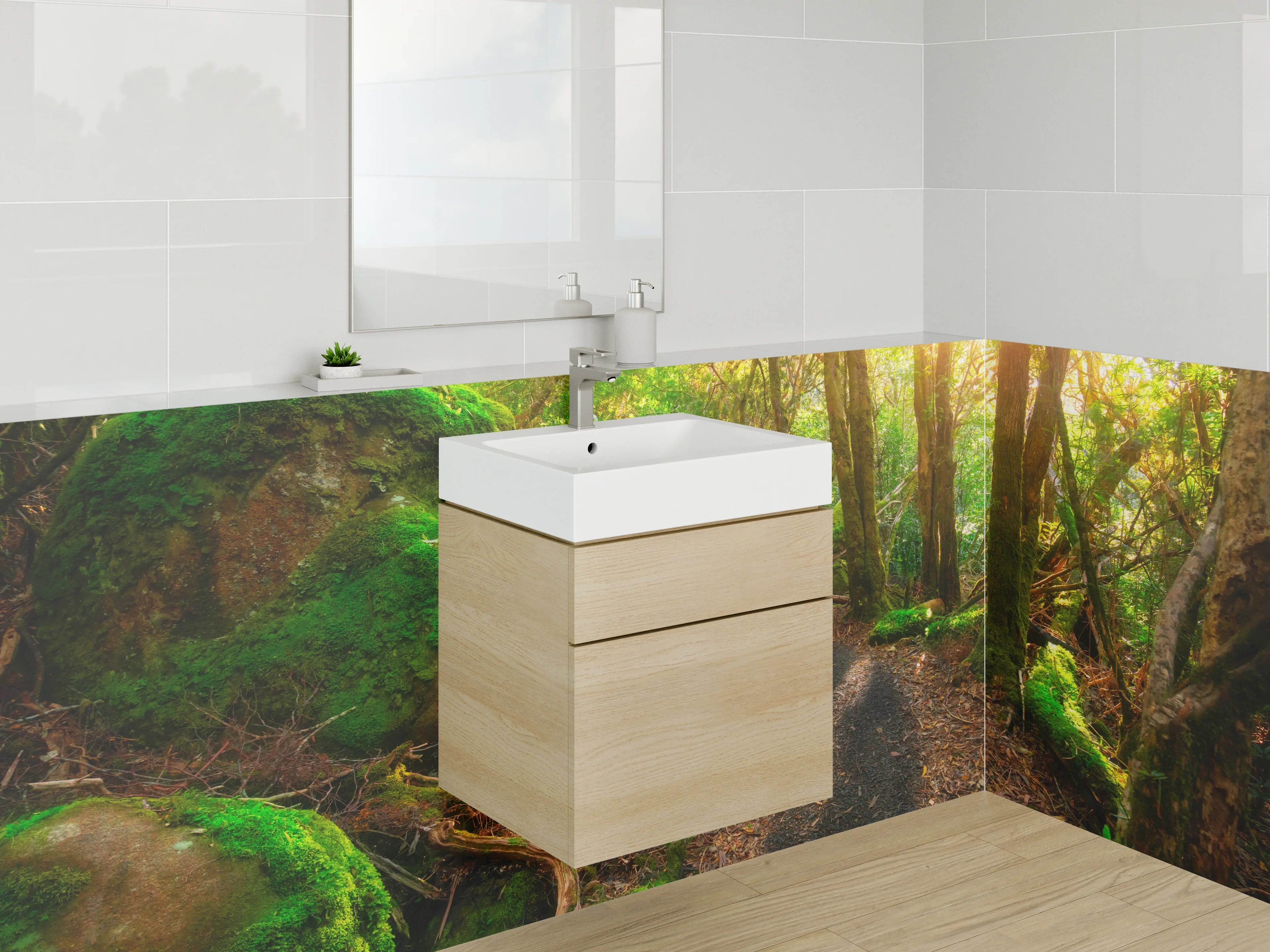 Waschbecken-Rückwand - Waldpfad mit Sonnenstrahlen Natur