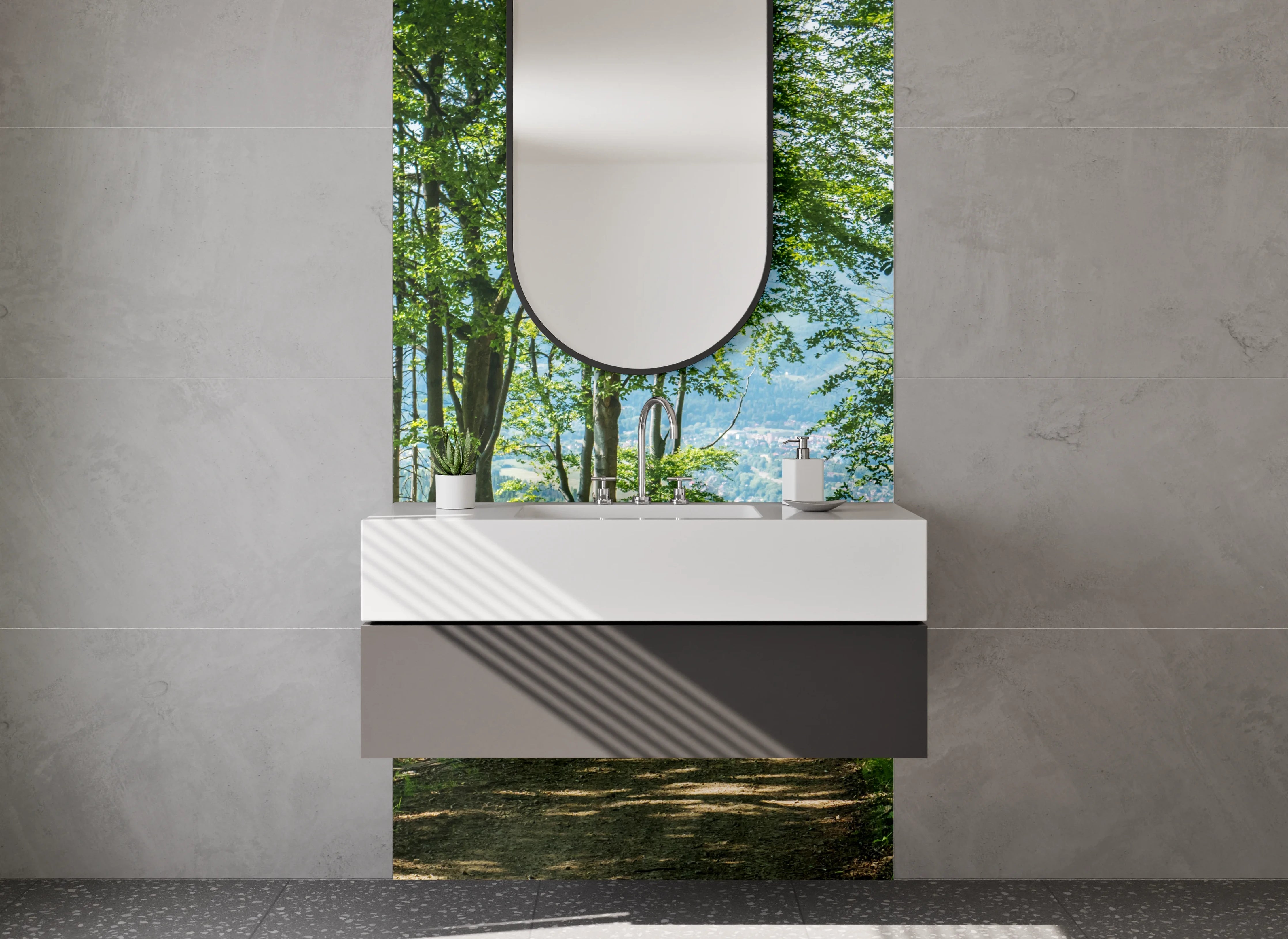 Waschbecken-Rückwand - Waldweg Panoramablick Naturmotiv