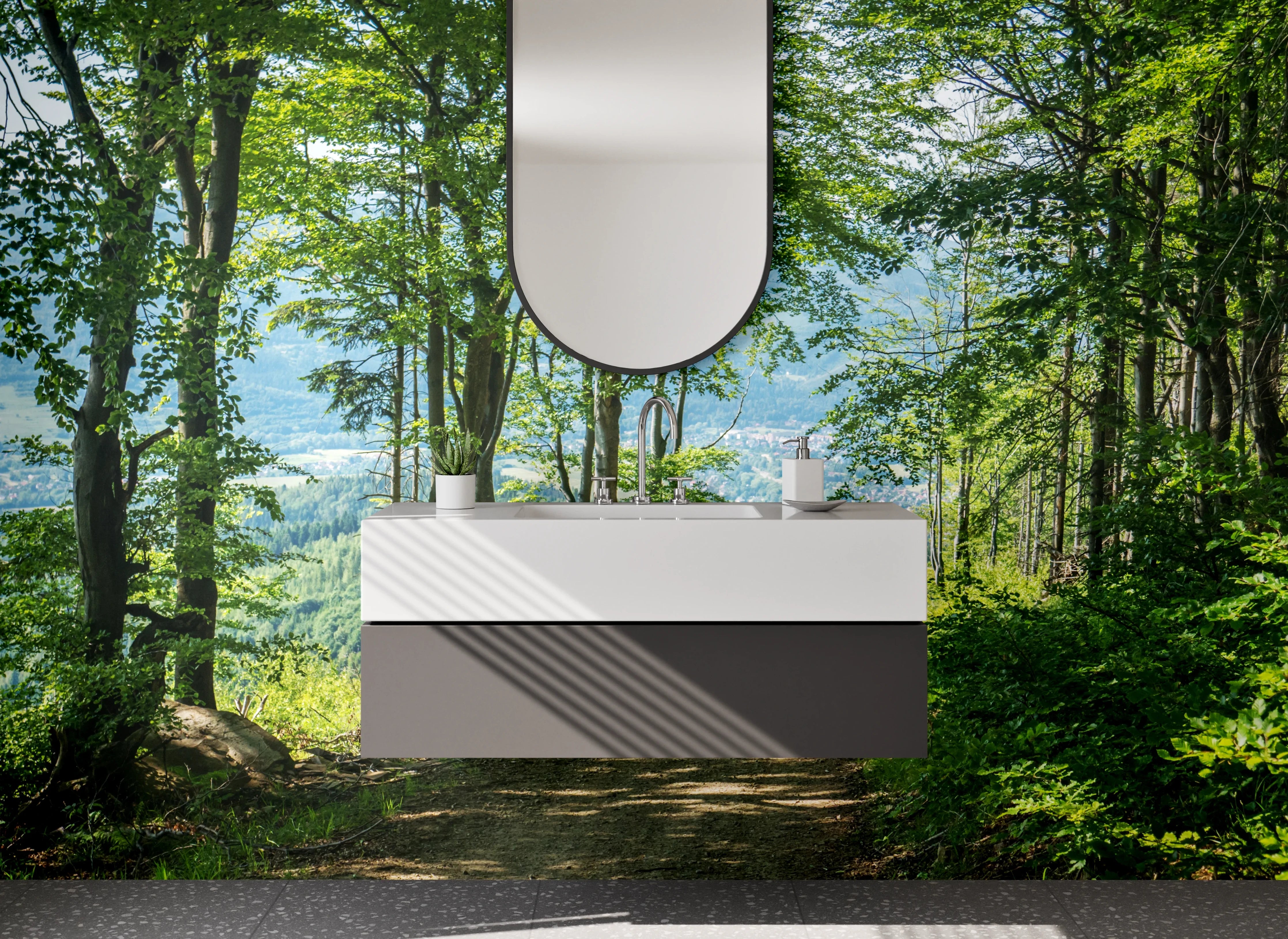 Waschbecken-Rückwand - Waldweg Panoramablick Naturmotiv