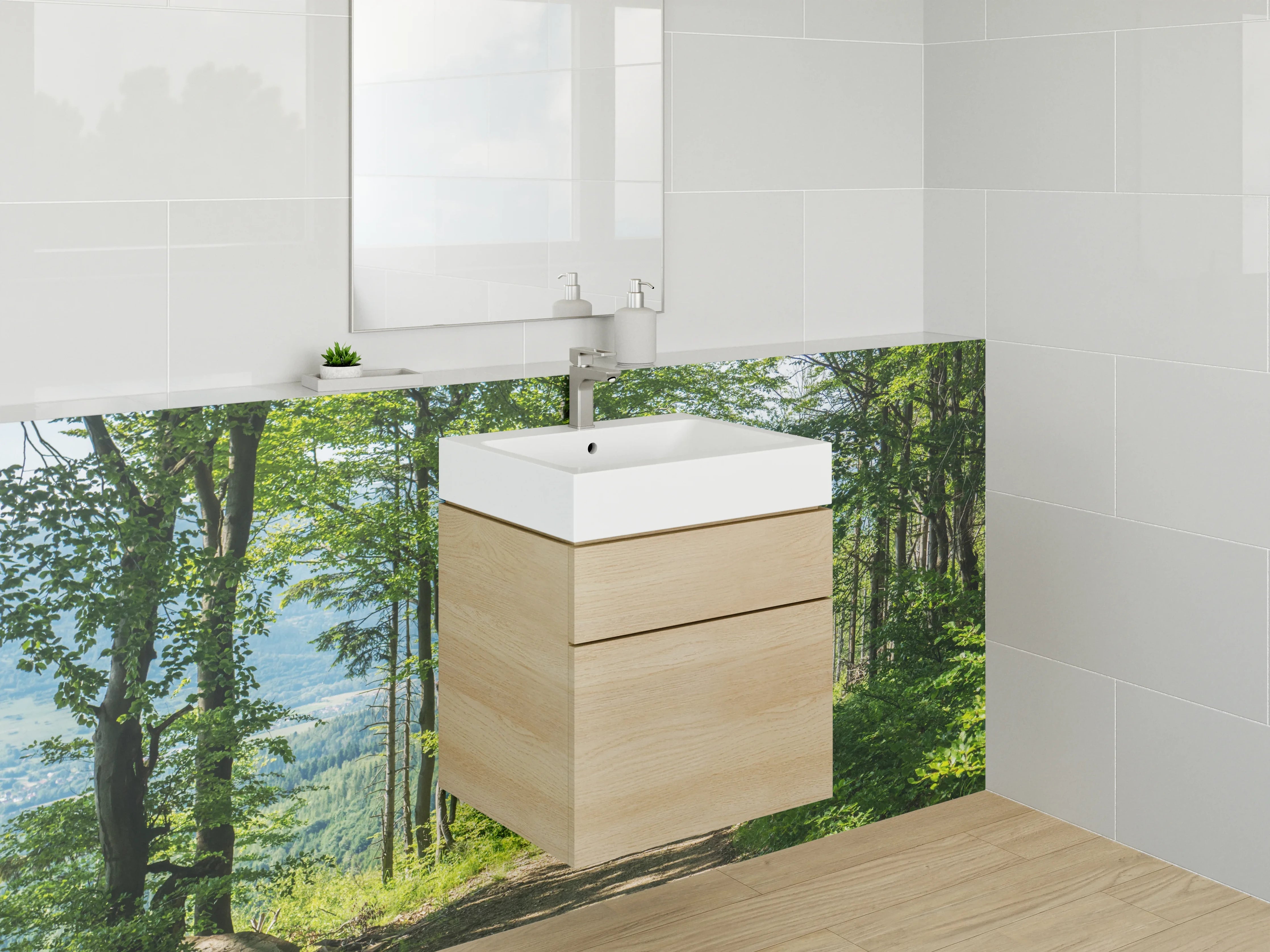 Waschbecken-Rückwand - Waldweg Panoramablick Naturmotiv
