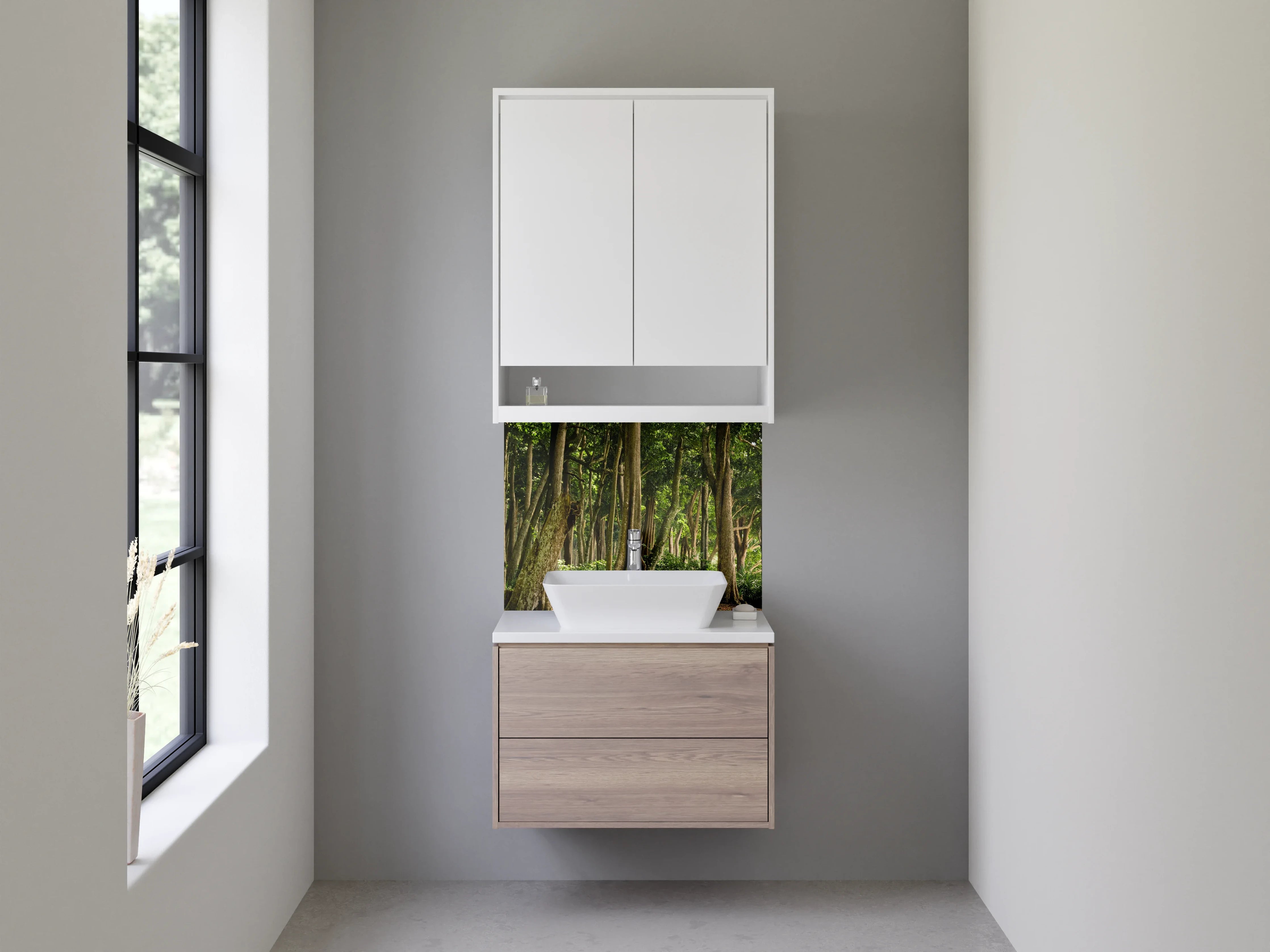 Waschbecken-Rückwand - Waldweg mit Sonnenlicht im Grünen