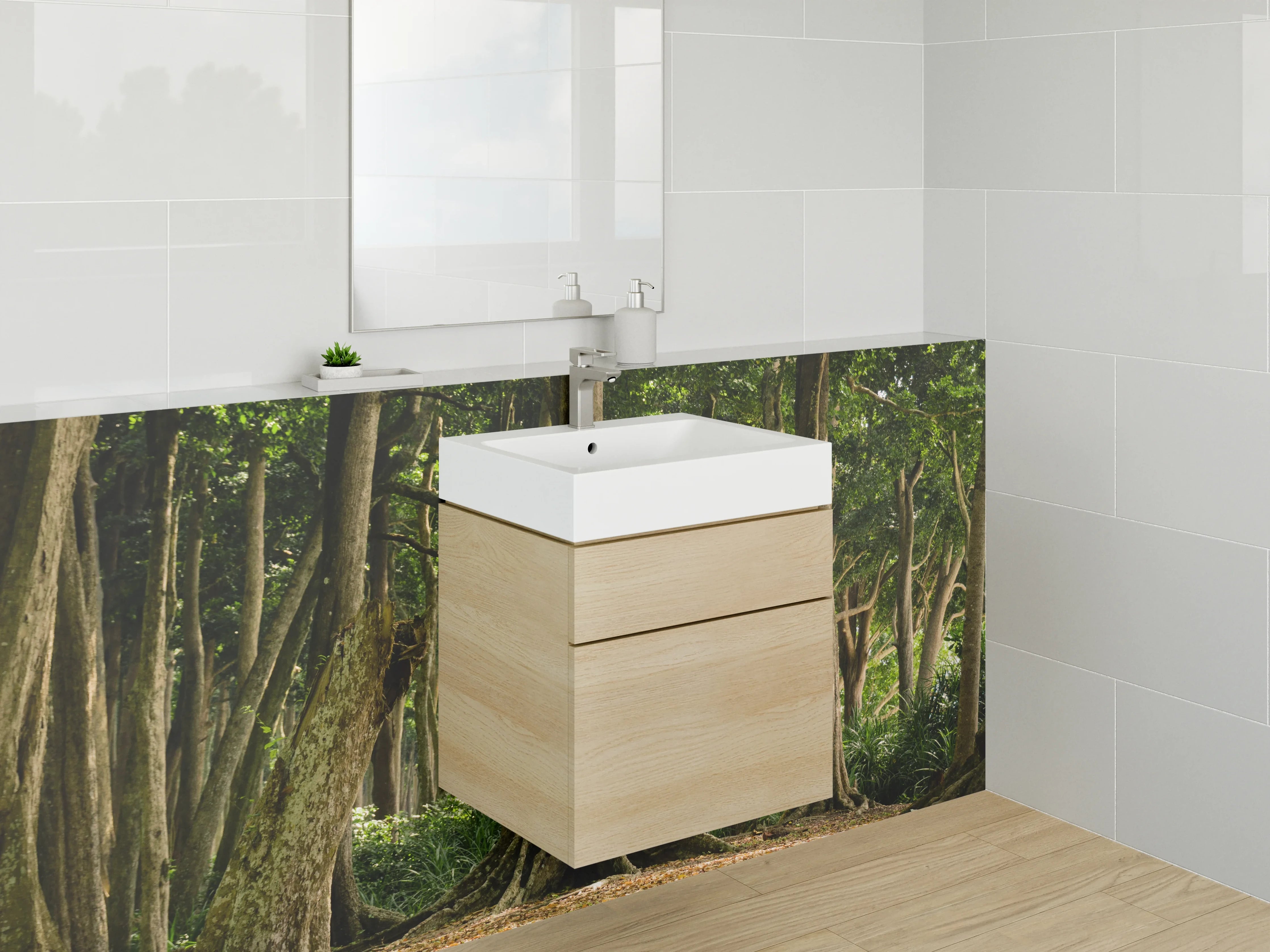 Waschbecken-Rückwand - Waldweg mit Sonnenlicht im Grünen