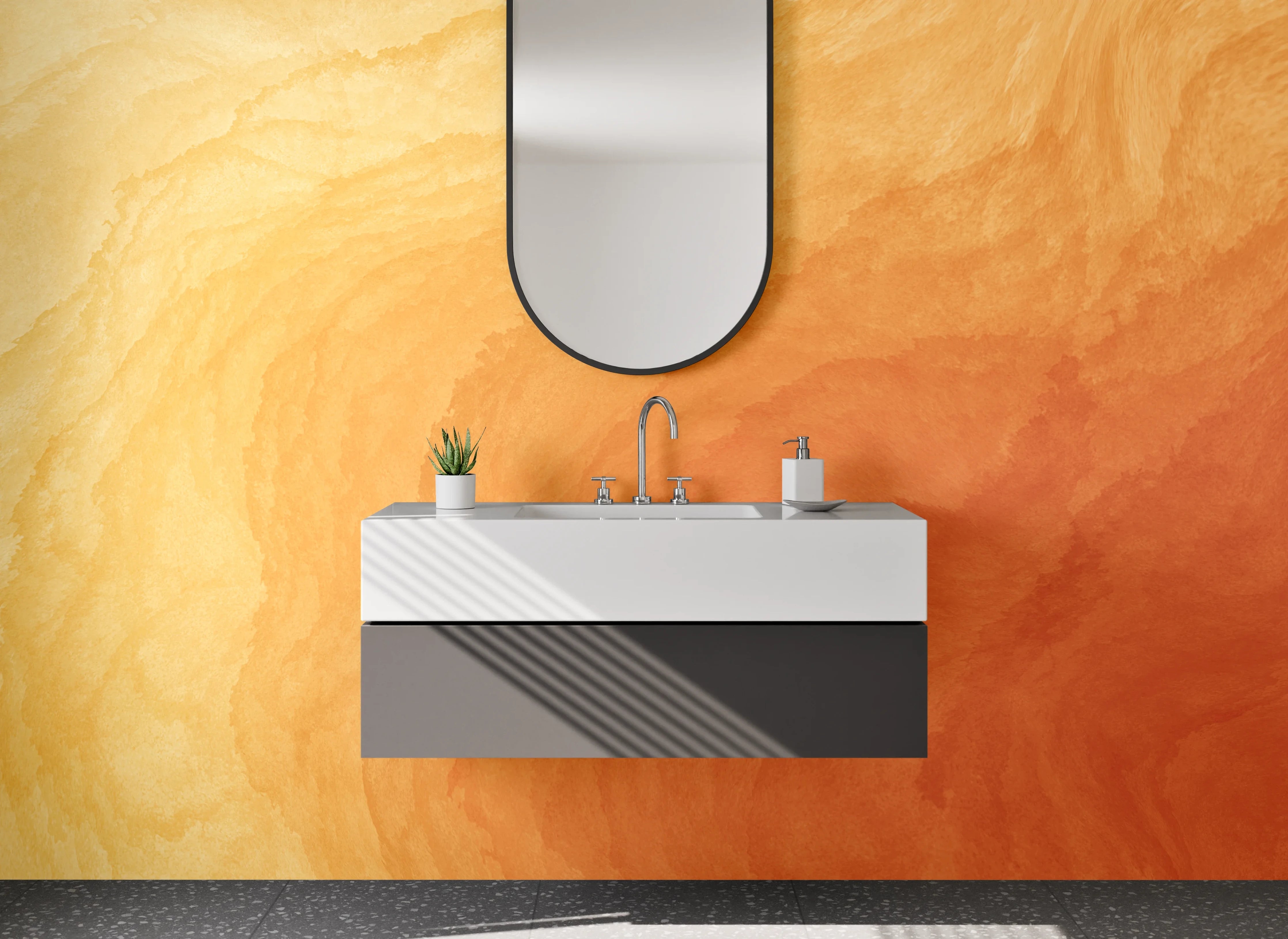 Waschbecken-Rückwand - Warme Aquarell-Struktur in Orange-Gelb