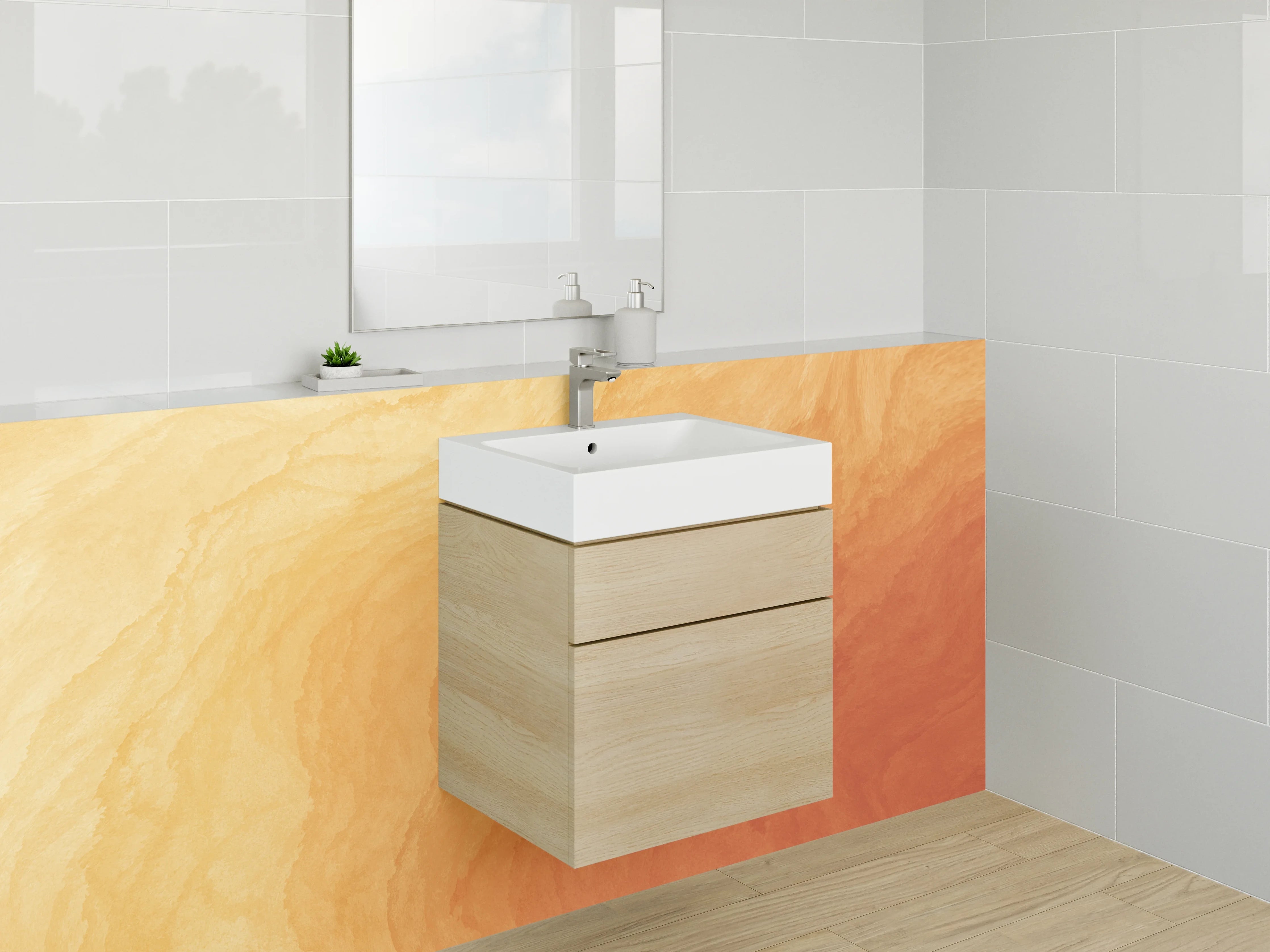 Waschbecken-Rückwand - Warme Aquarell-Struktur in Orange-Gelb