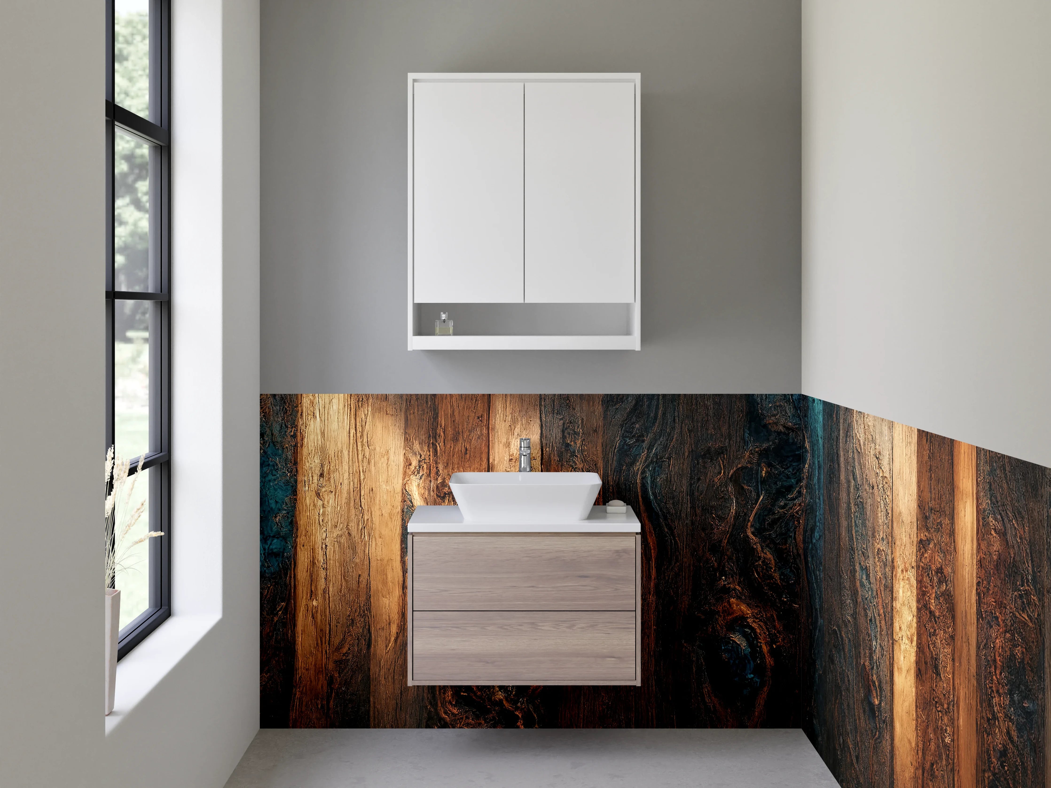 Waschbecken-Rückwand - Warme Holzoptik mit dunklen Strukturen