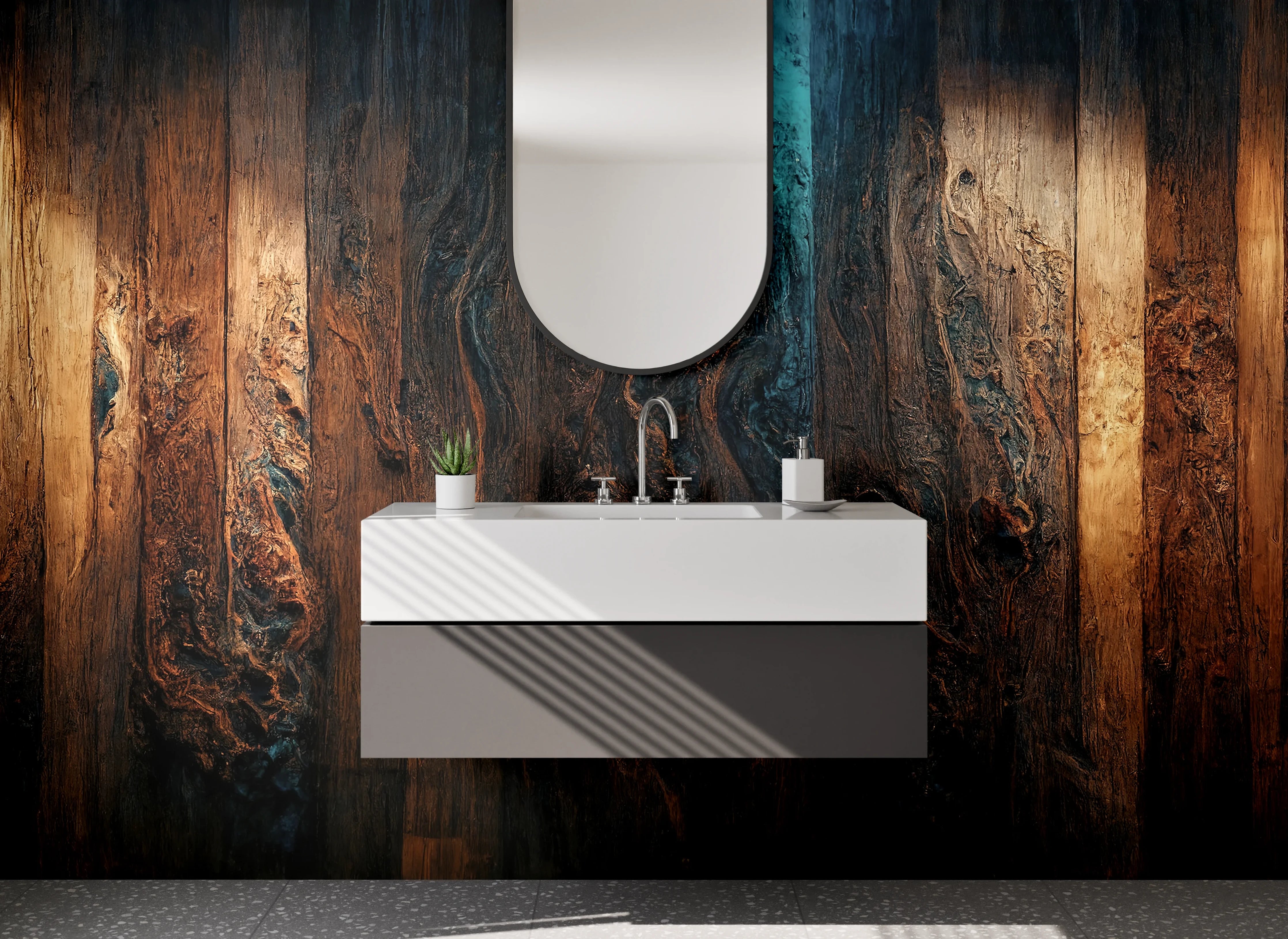 Waschbecken-Rückwand - Warme Holzoptik mit dunklen Strukturen