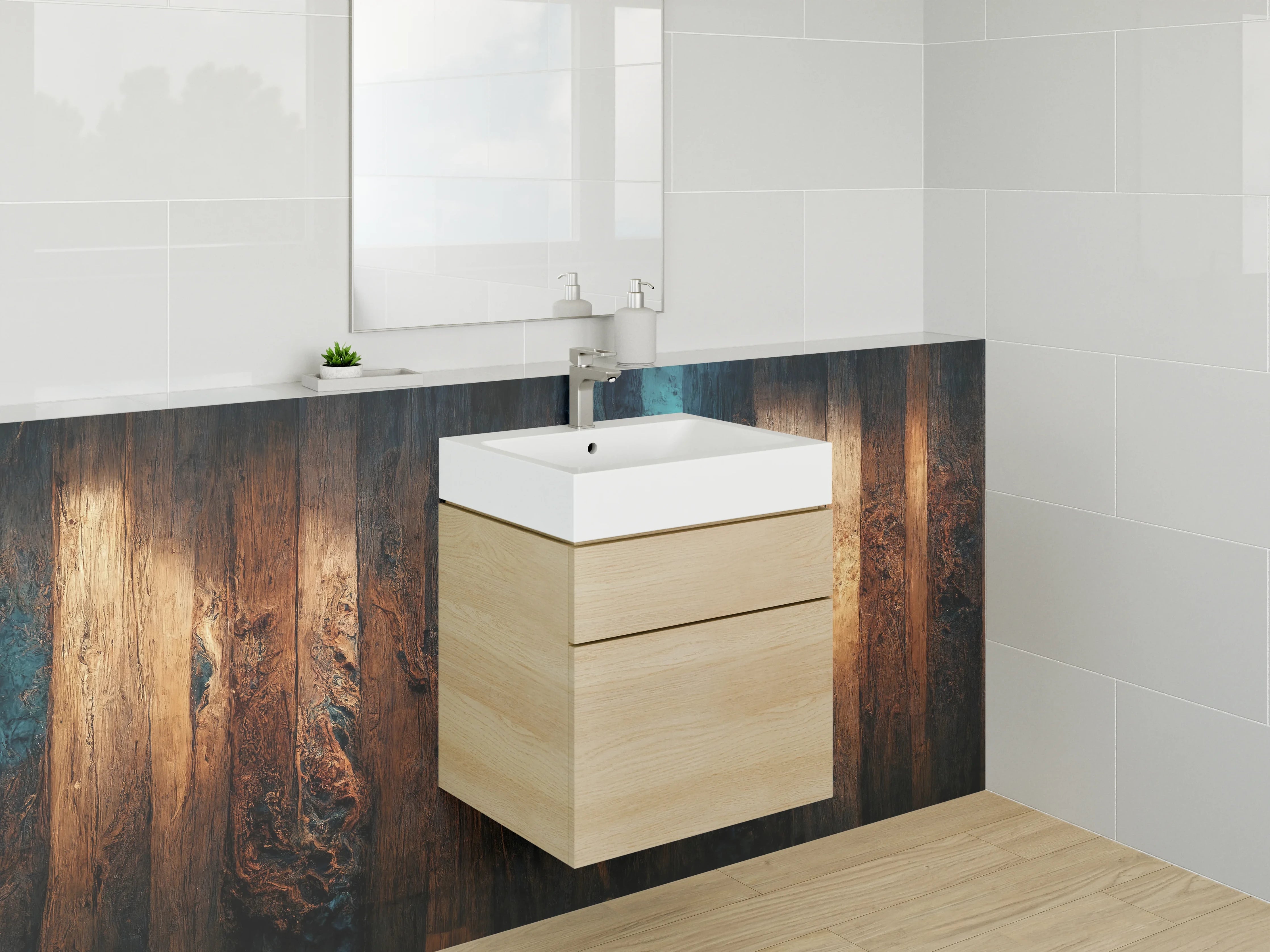 Waschbecken-Rückwand - Warme Holzoptik mit dunklen Strukturen