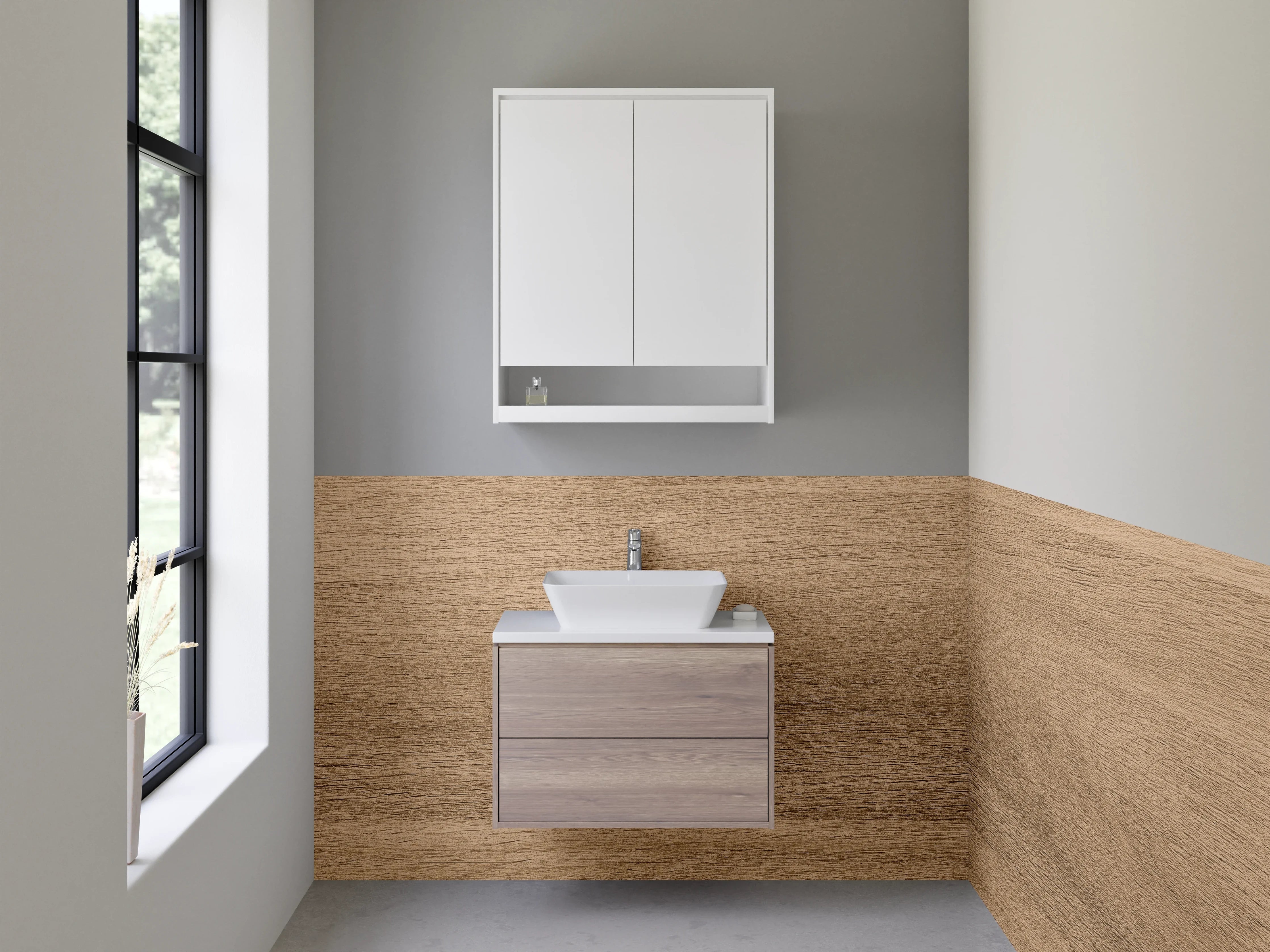 Waschbecken-Rückwand - Warme Holztöne im Vintage-Stil