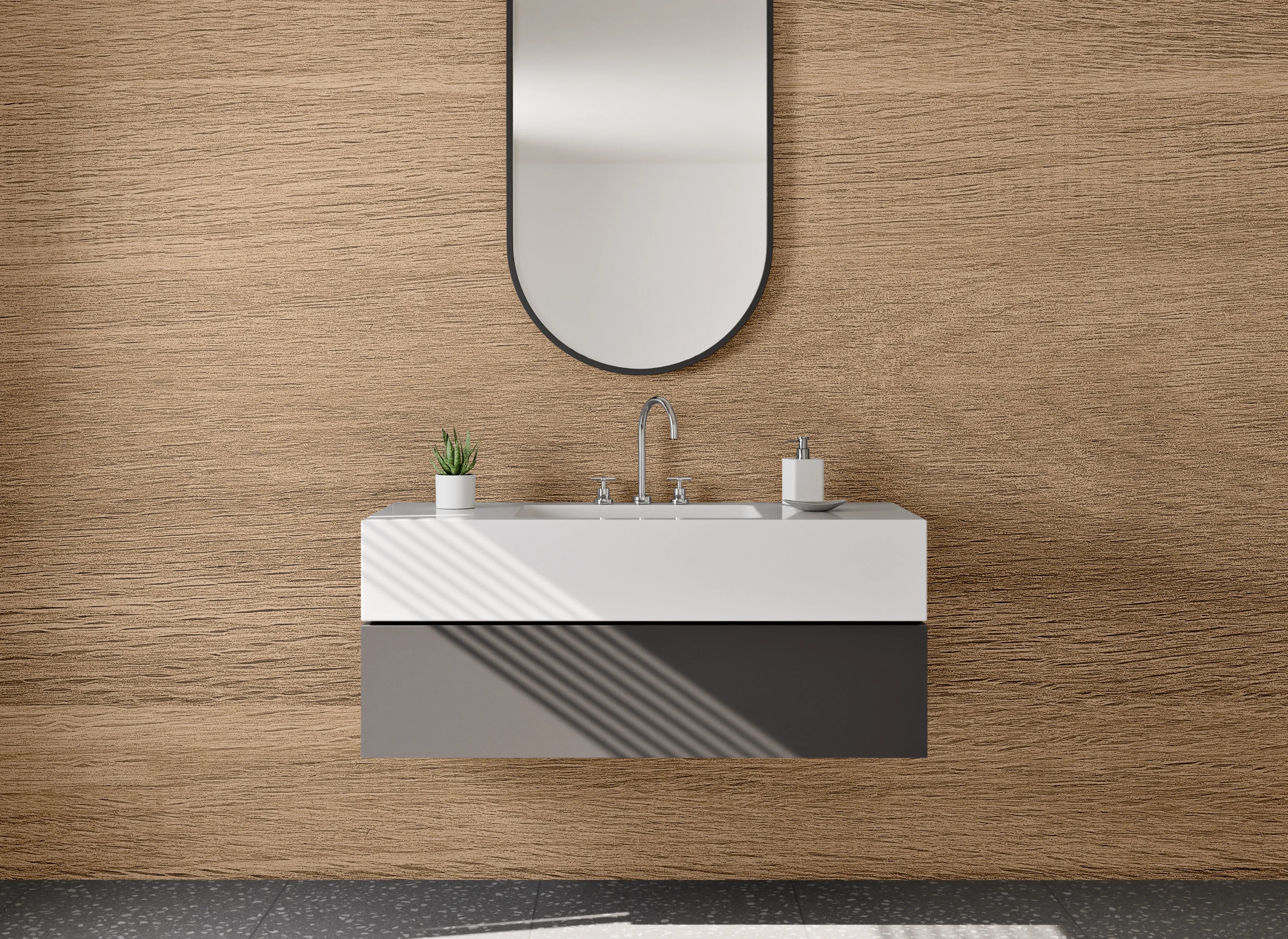 Waschbecken-Rückwand - Warme Holztöne im Vintage-Stil