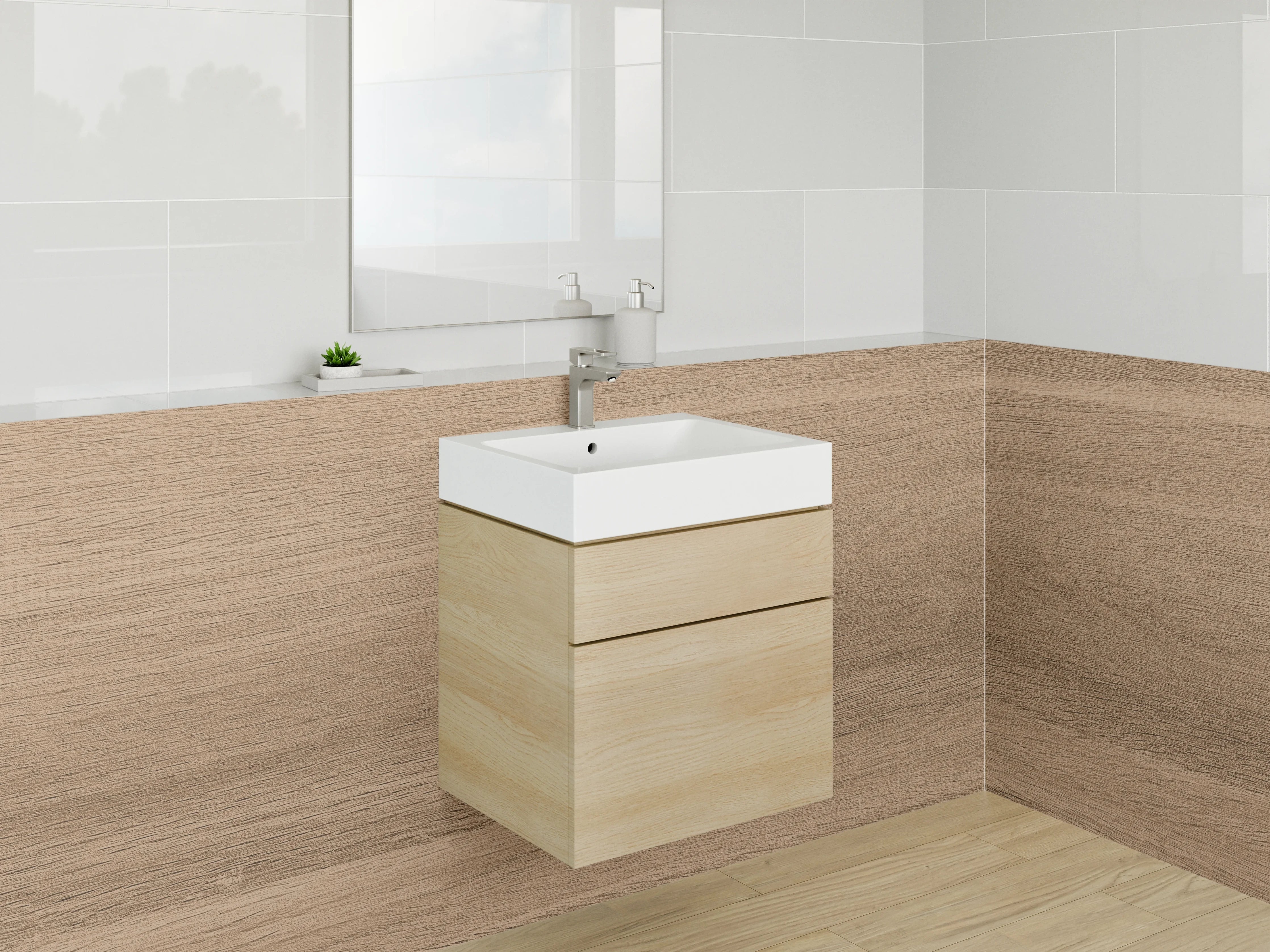 Waschbecken-Rückwand - Warme Holztöne im Vintage-Stil