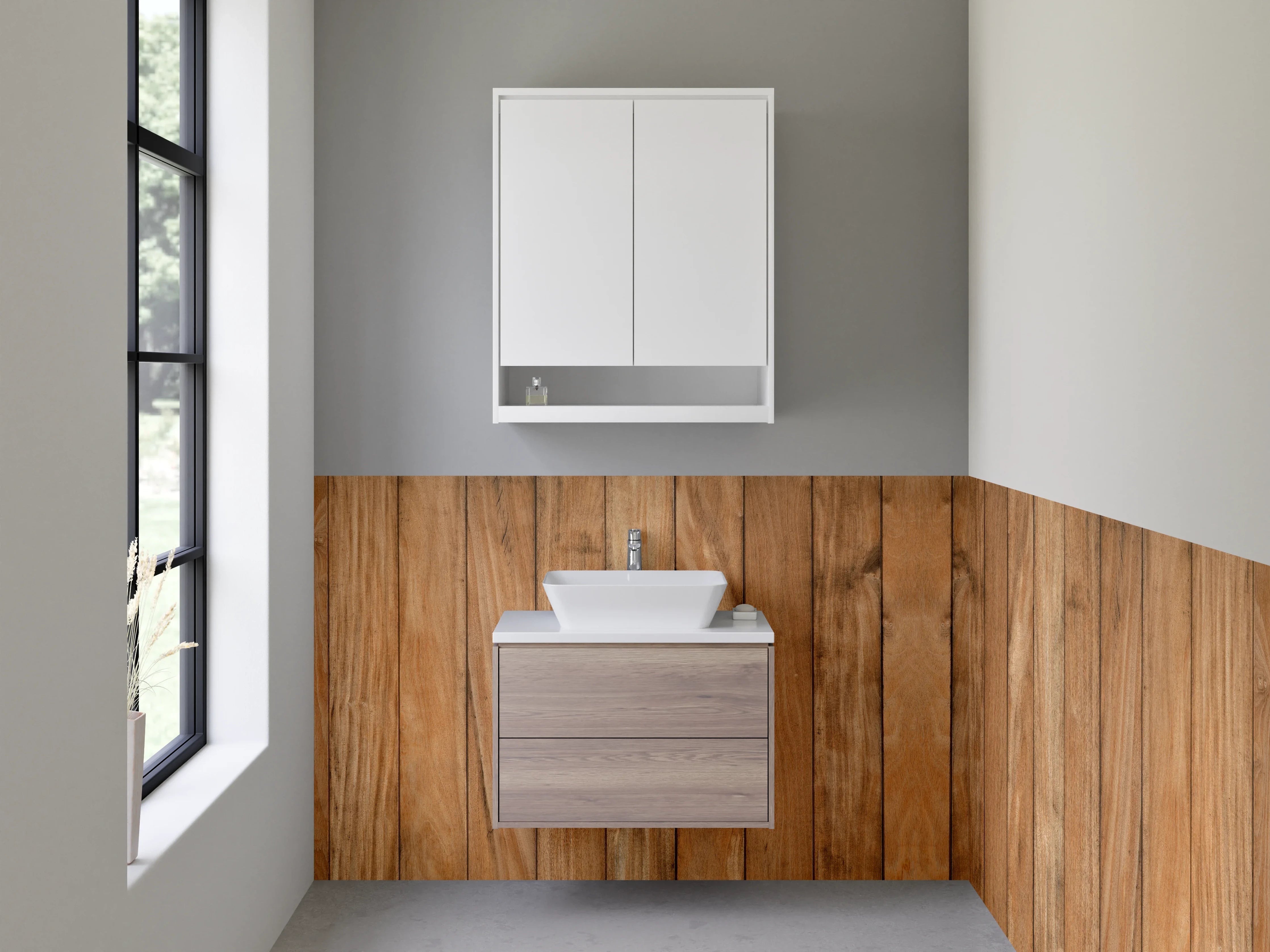 Waschbecken-Rückwand - Warme Holzvertäfelung in Naturtönen