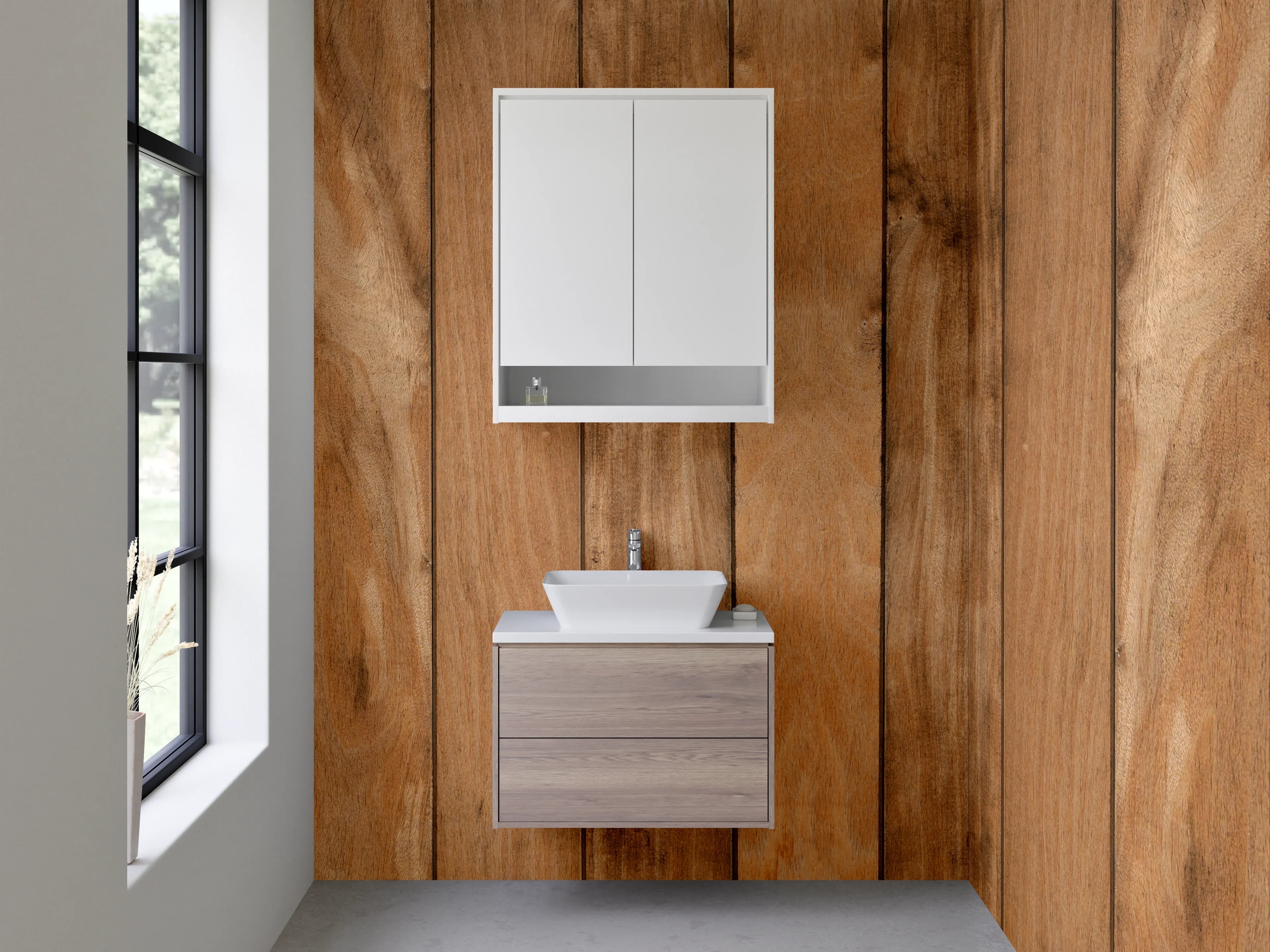 Waschbecken-Rückwand - Warme Holzvertäfelung in Naturtönen