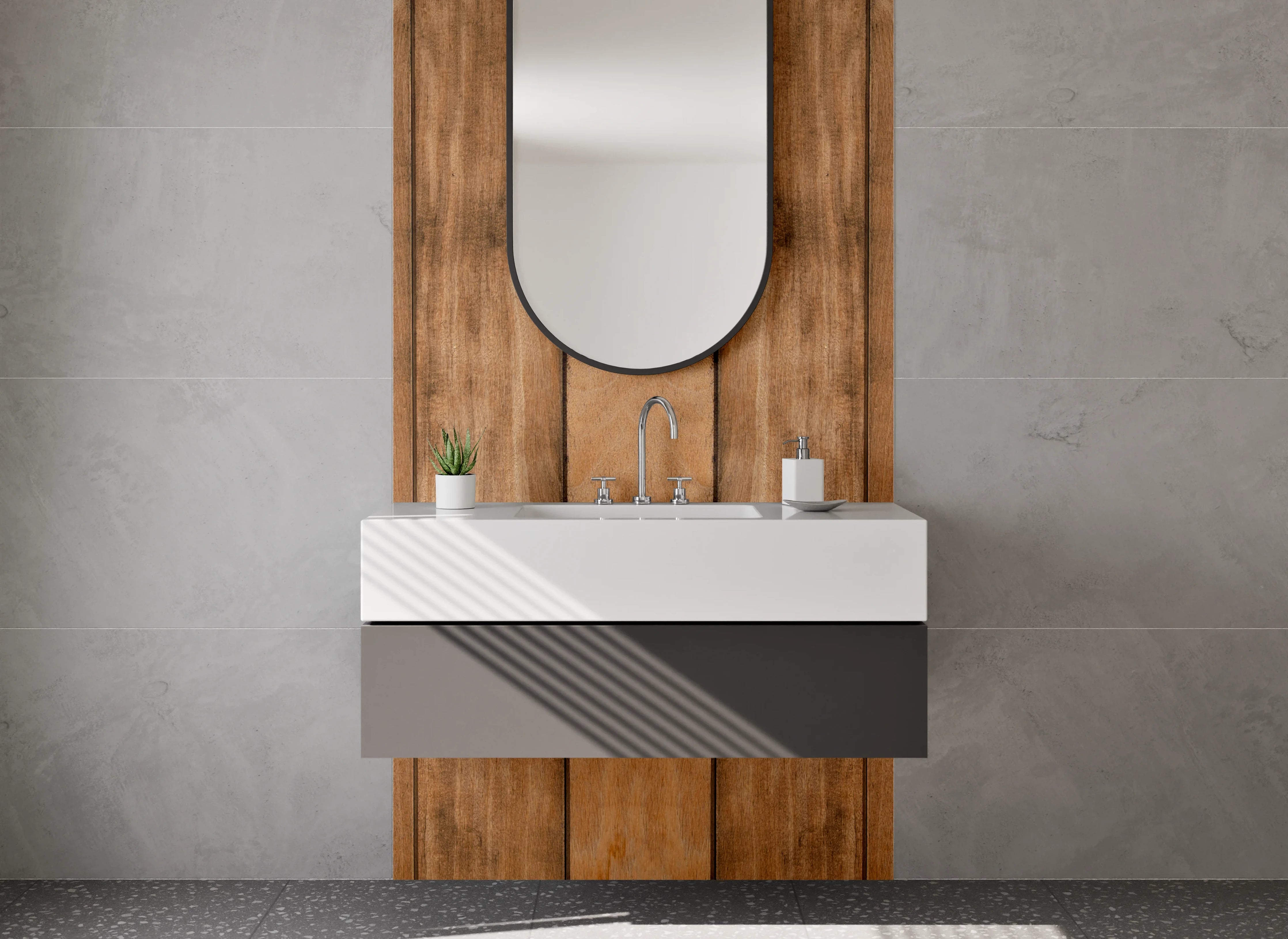 Waschbecken-Rückwand - Warme Holzvertäfelung in Naturtönen