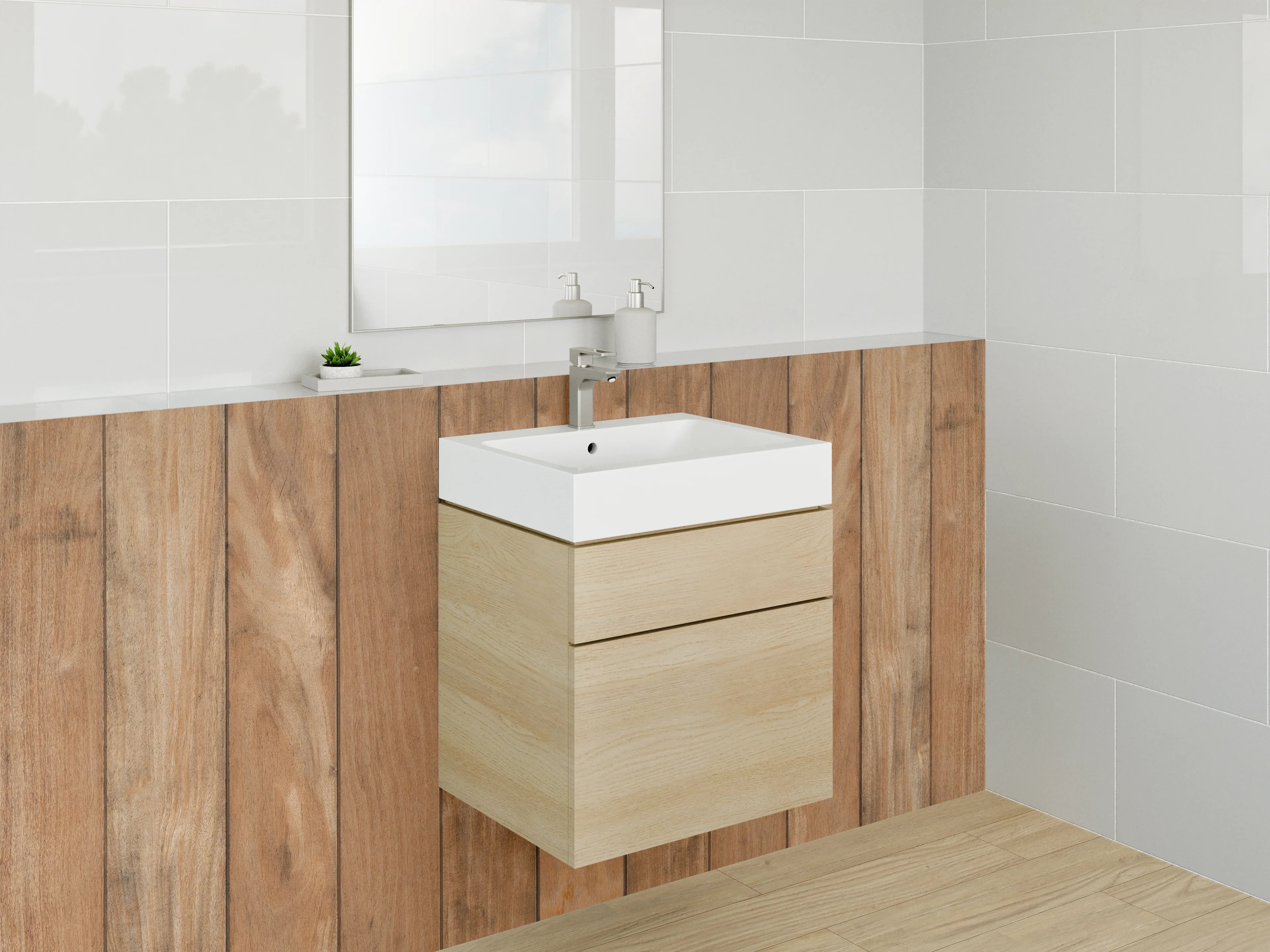 Waschbecken-Rückwand - Warme Holzvertäfelung in Naturtönen