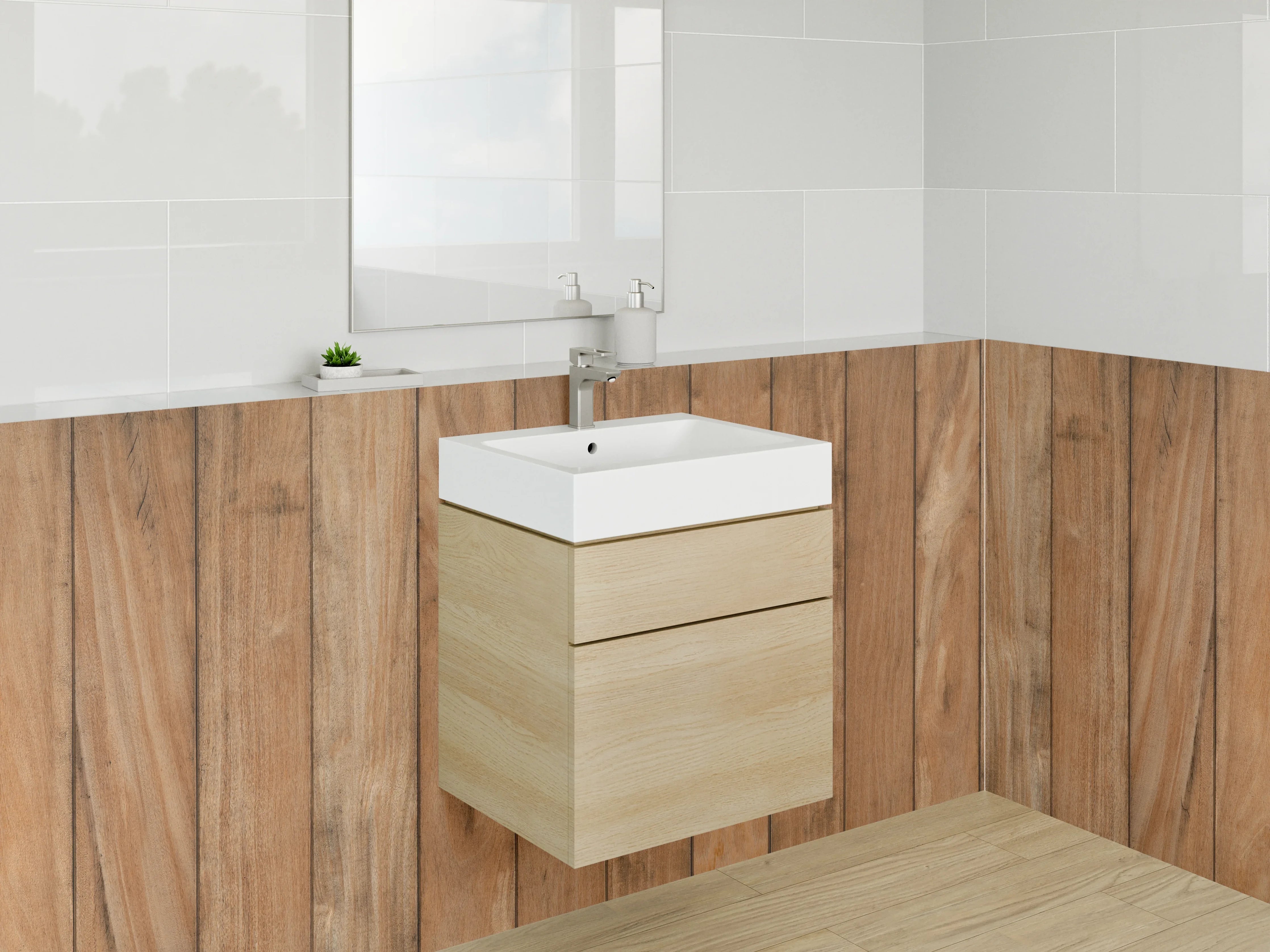 Waschbecken-Rückwand - Warme Holzvertäfelung in Naturtönen