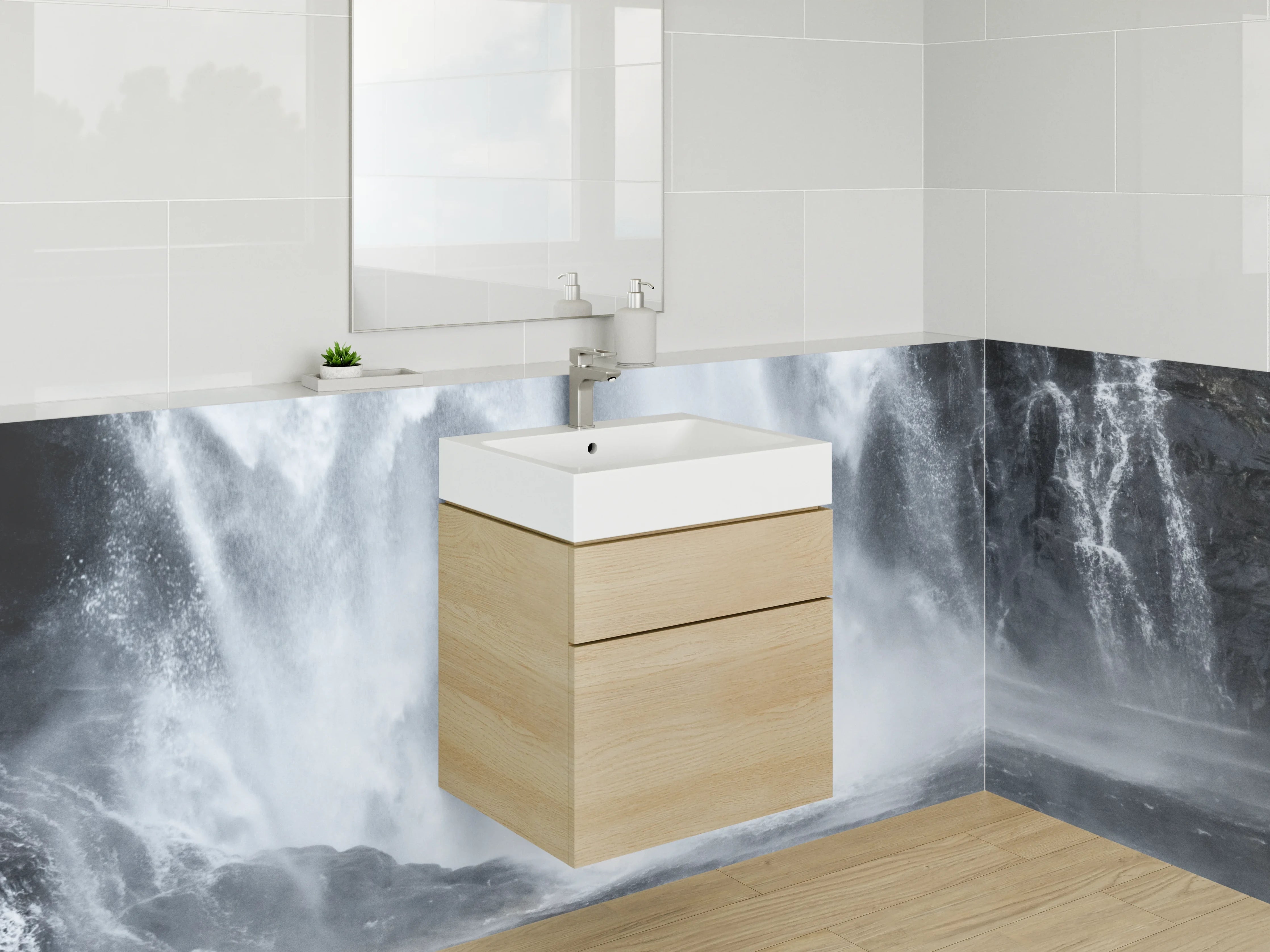 Waschbecken-Rückwand - Wasserfall Nahaufnahme in Weiß und Grau