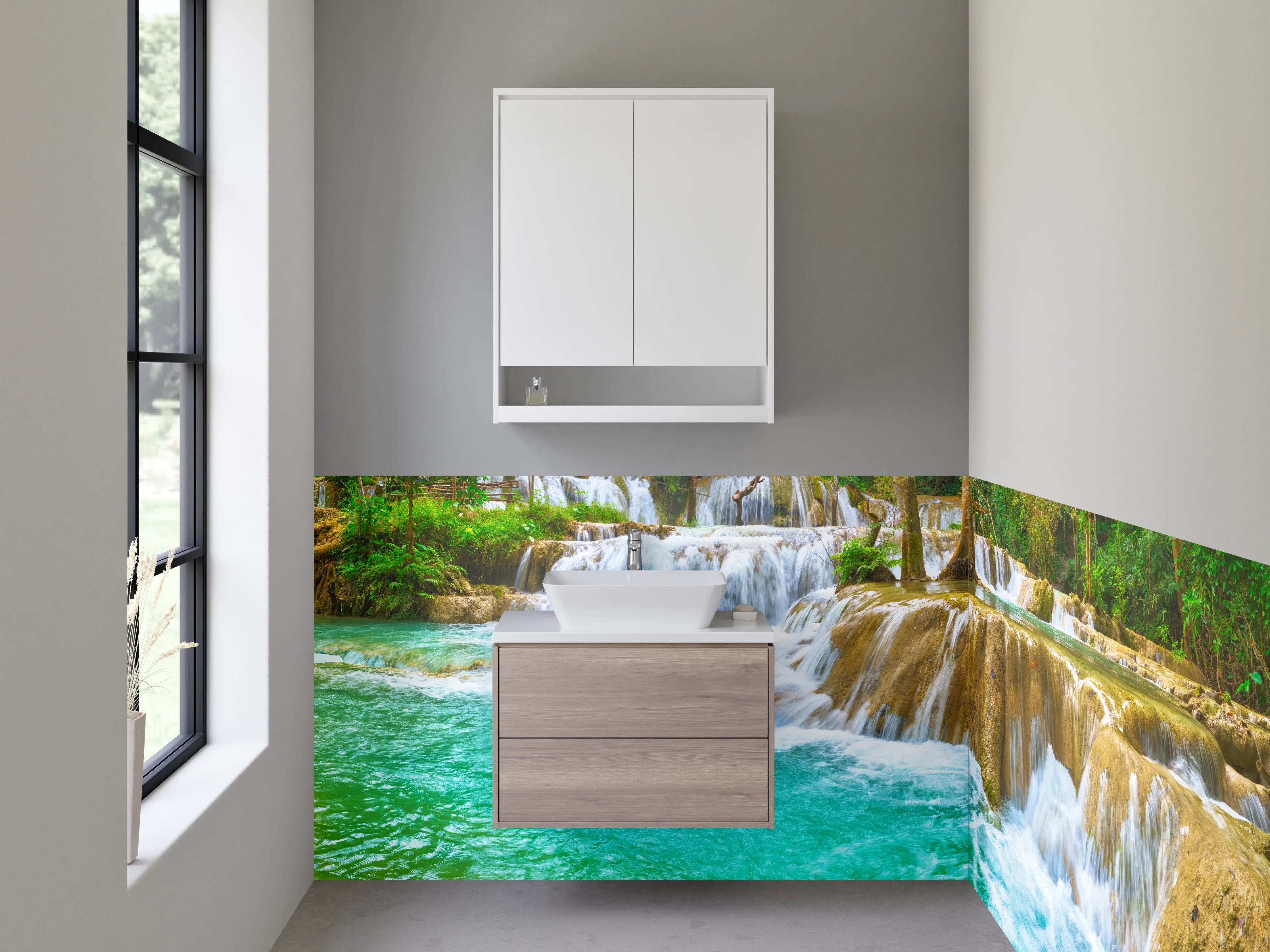 Waschbecken-Rückwand - Wasserfall Naturidylle Flussgrün