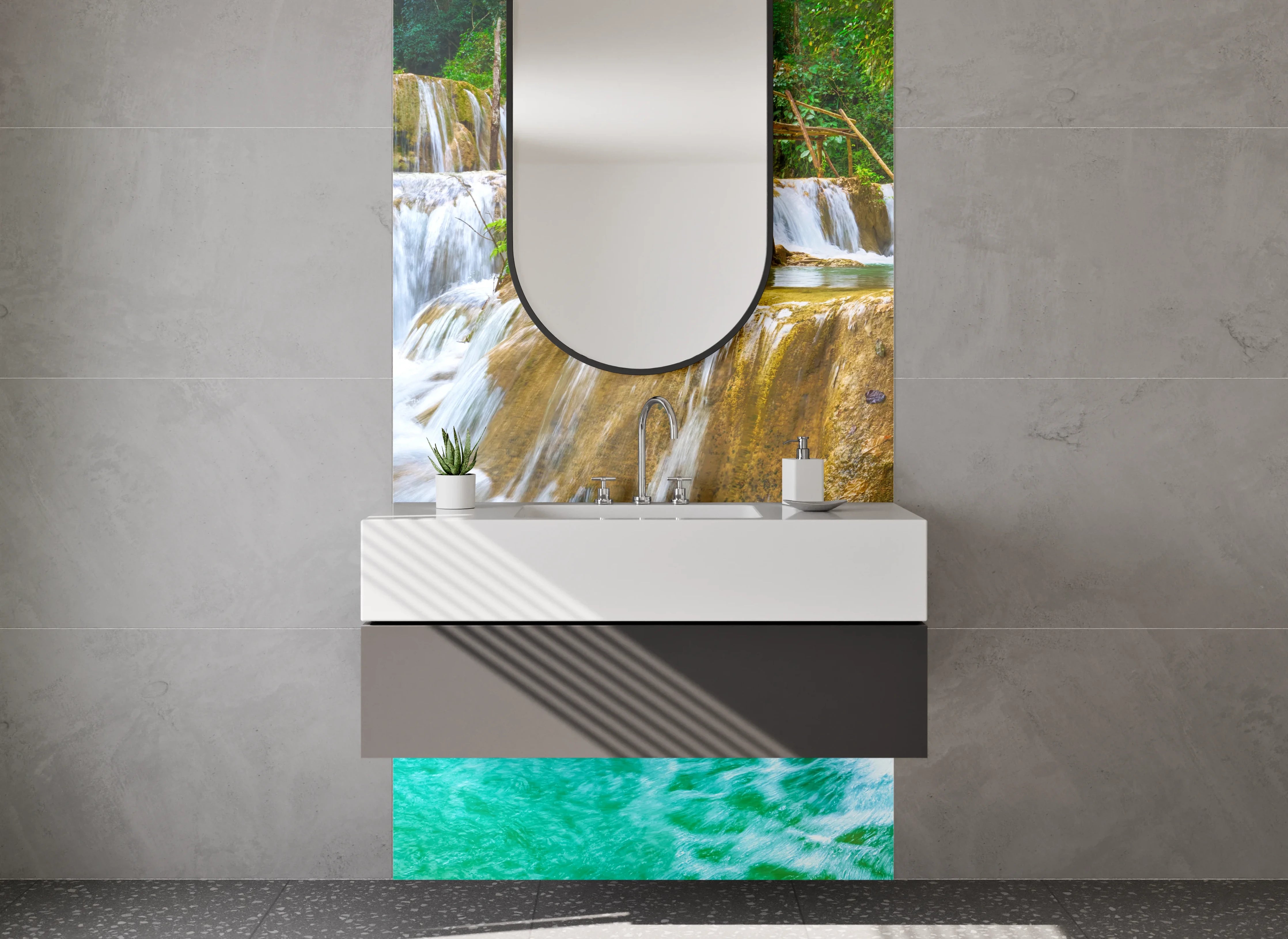 Waschbecken-Rückwand - Wasserfall Naturidylle Flussgrün