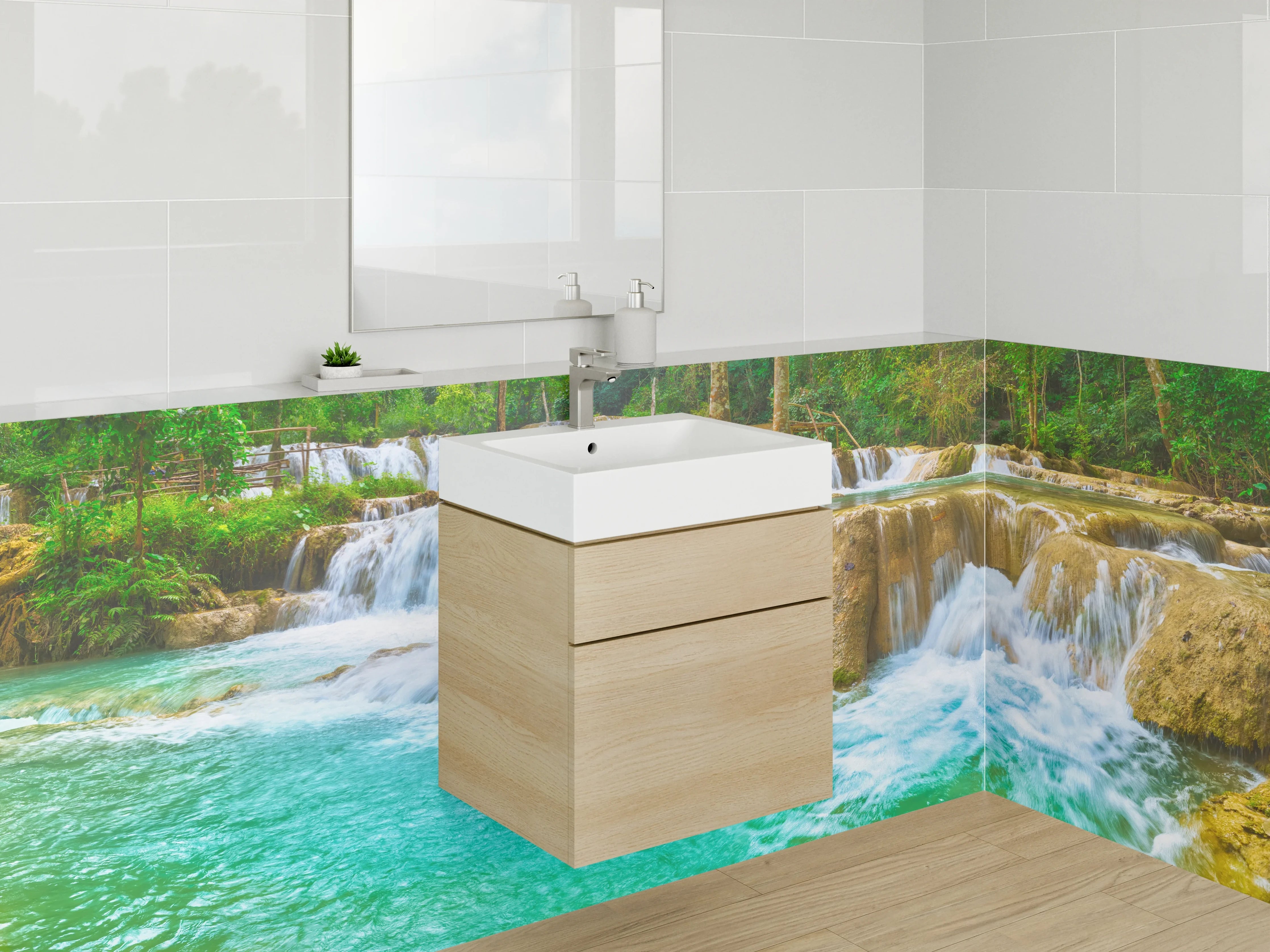 Waschbecken-Rückwand - Wasserfall Naturidylle Flussgrün