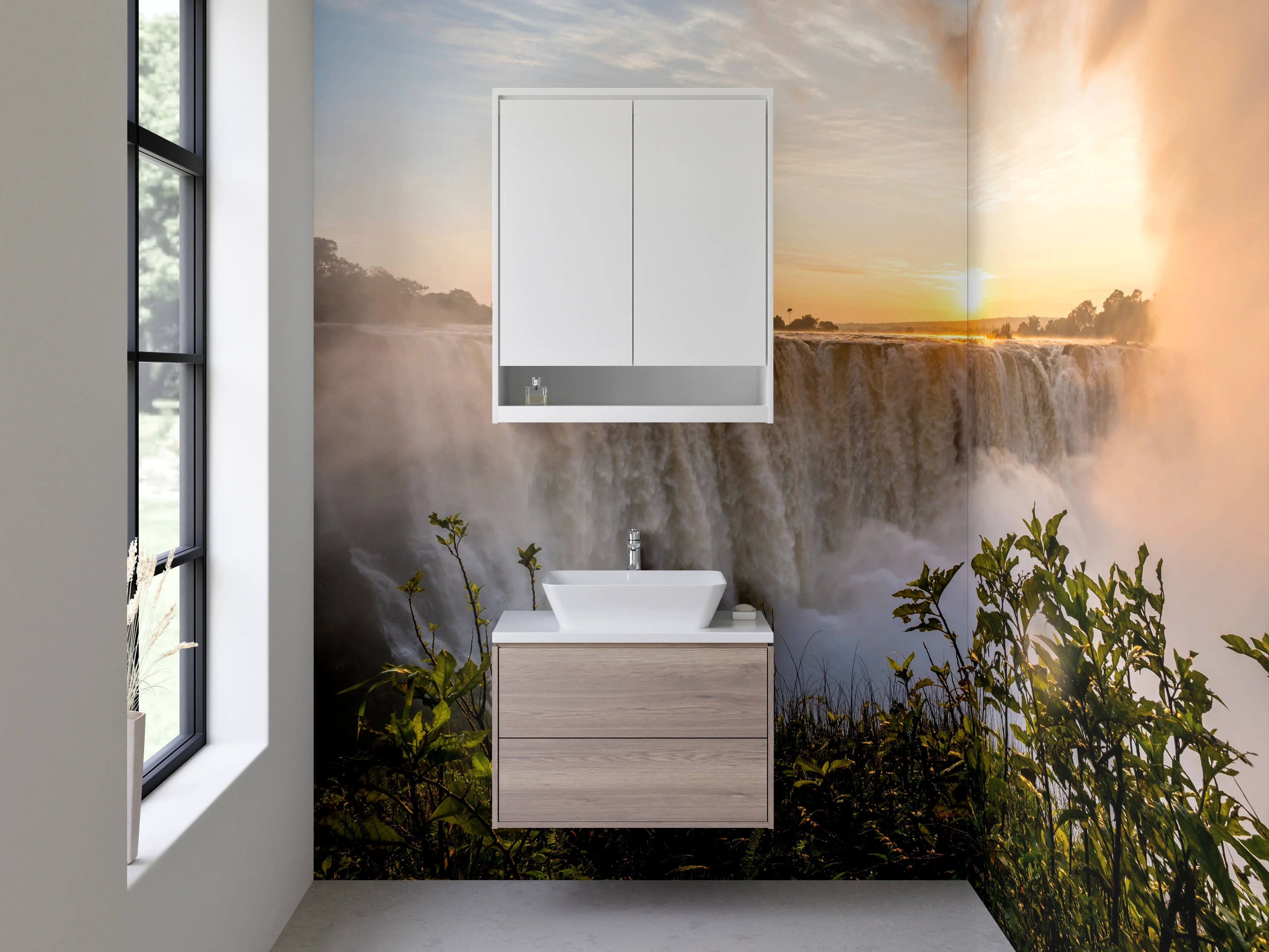 Waschbecken-Rückwand - Wasserfall Sonnenuntergang Natur-Panorama