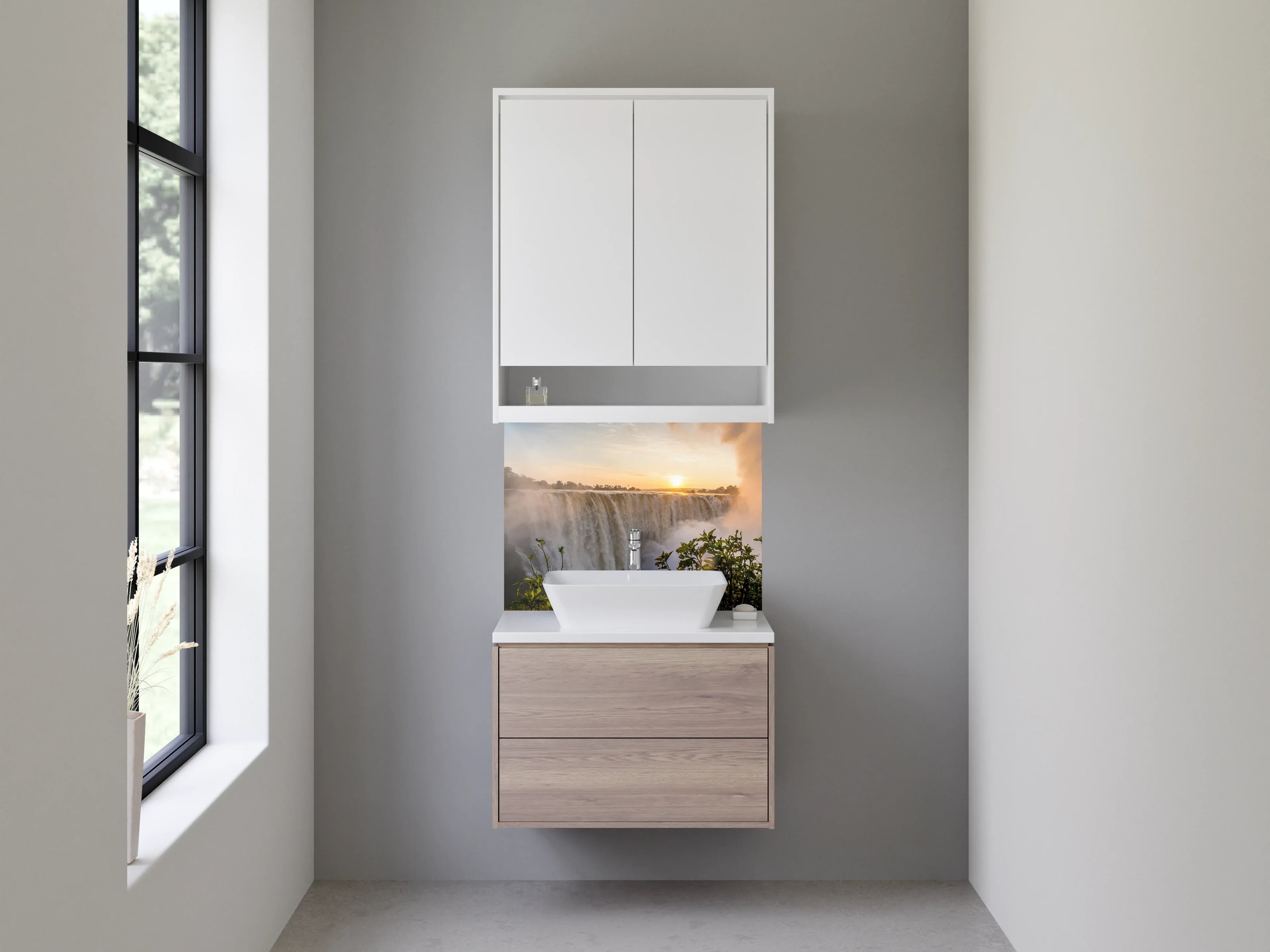 Waschbecken-Rückwand - Wasserfall Sonnenuntergang Natur-Panorama