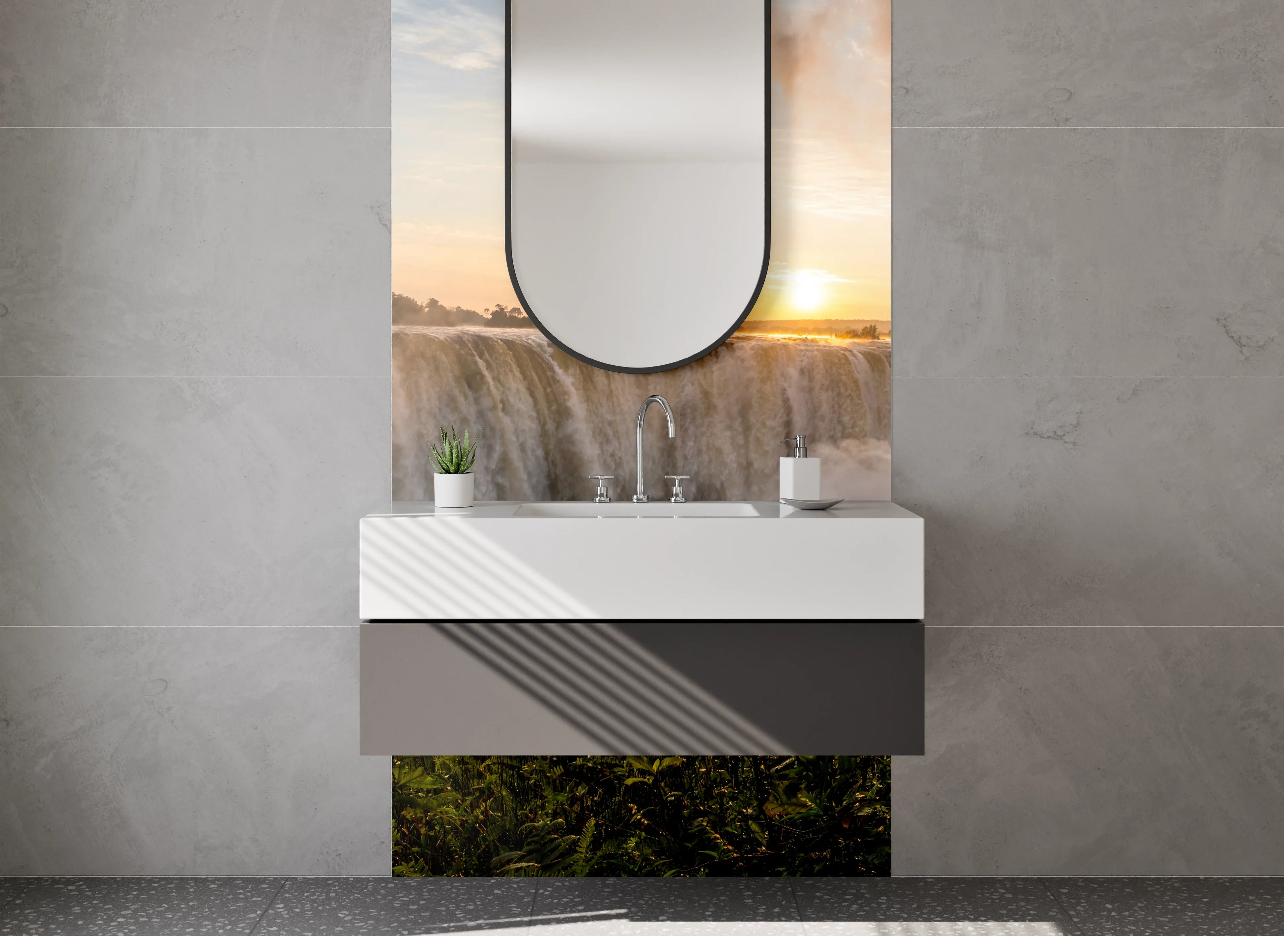 Waschbecken-Rückwand - Wasserfall Sonnenuntergang Natur-Panorama