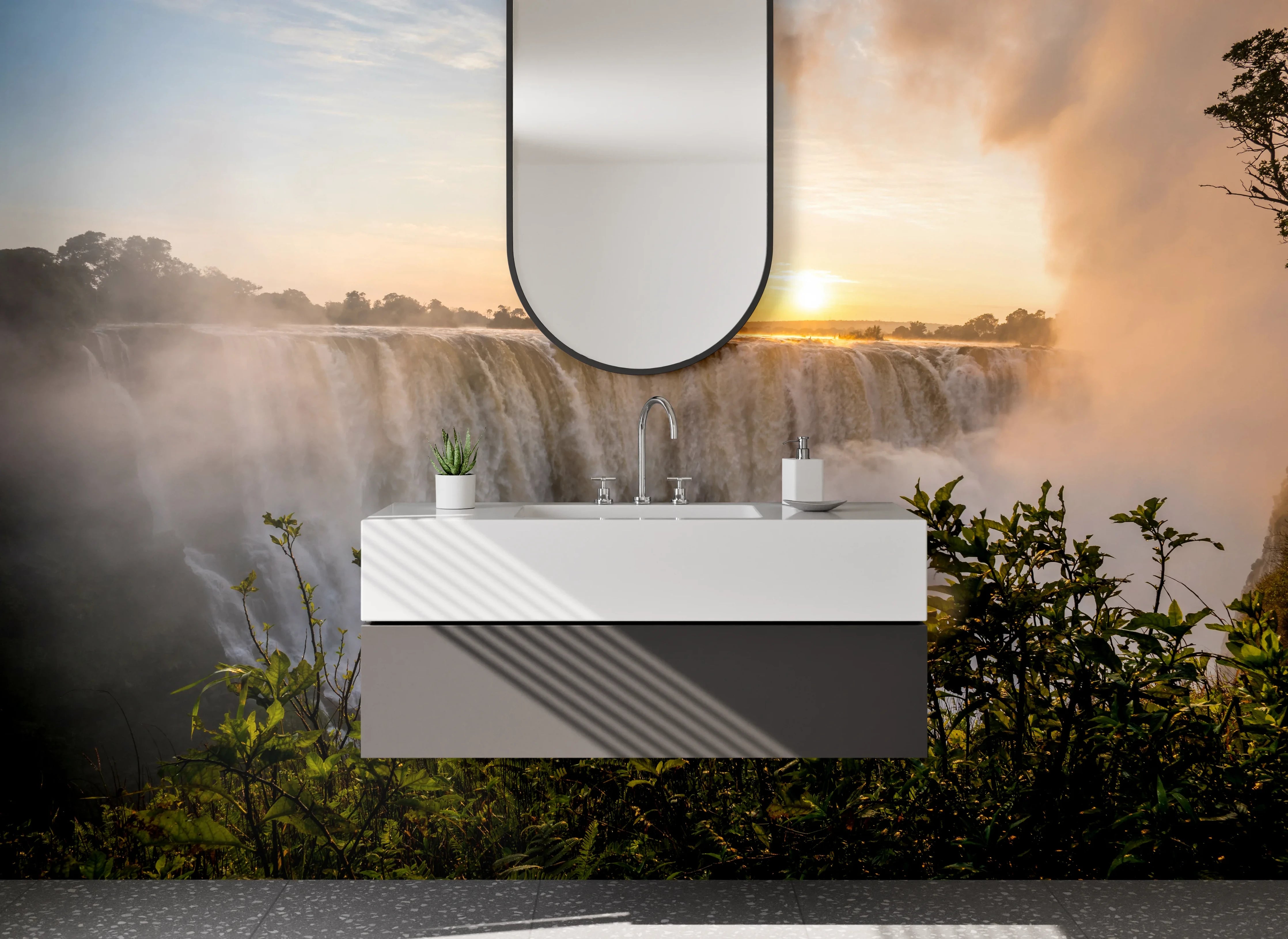 Waschbecken-Rückwand - Wasserfall Sonnenuntergang Natur-Panorama